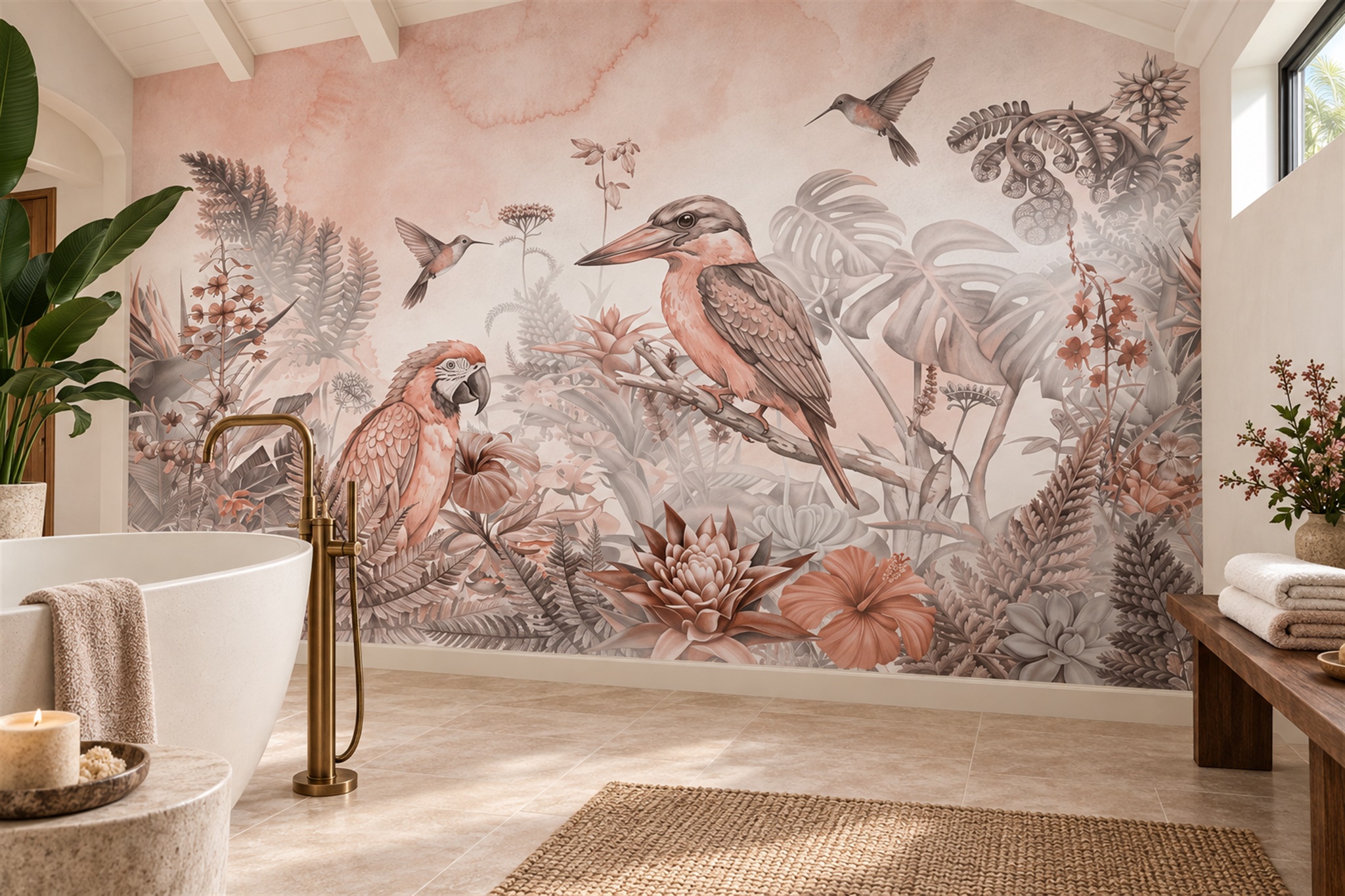 Peach Botanical Botanical Abstract Wallpaper Mural Bathroom-wallpaper-murals, Peel-and-stick Finish
