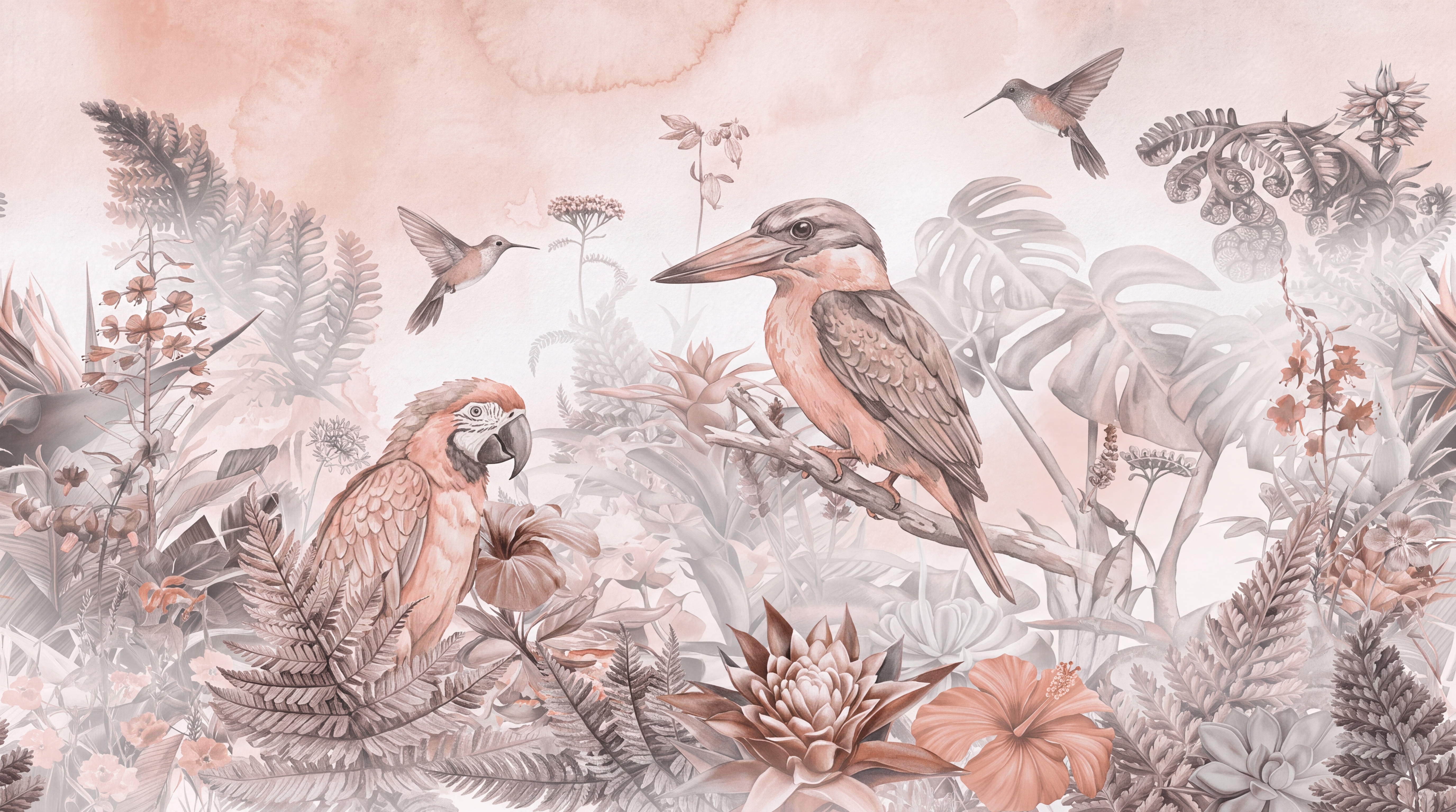 Peach Botanical Botanical Abstract Wallpaper Mural, Peel-and-stick Finish