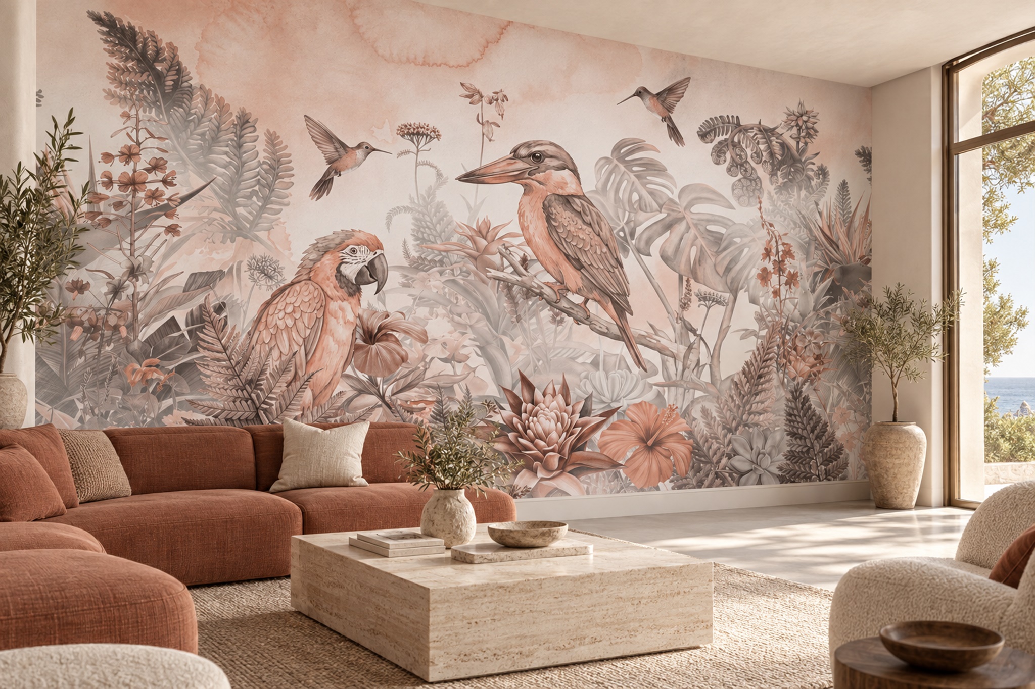 Peach Botanical Botanical Abstract Wallpaper Mural Living-room-wallpaper-murals, Shown In A Living Room, Peel-and-stick Finish