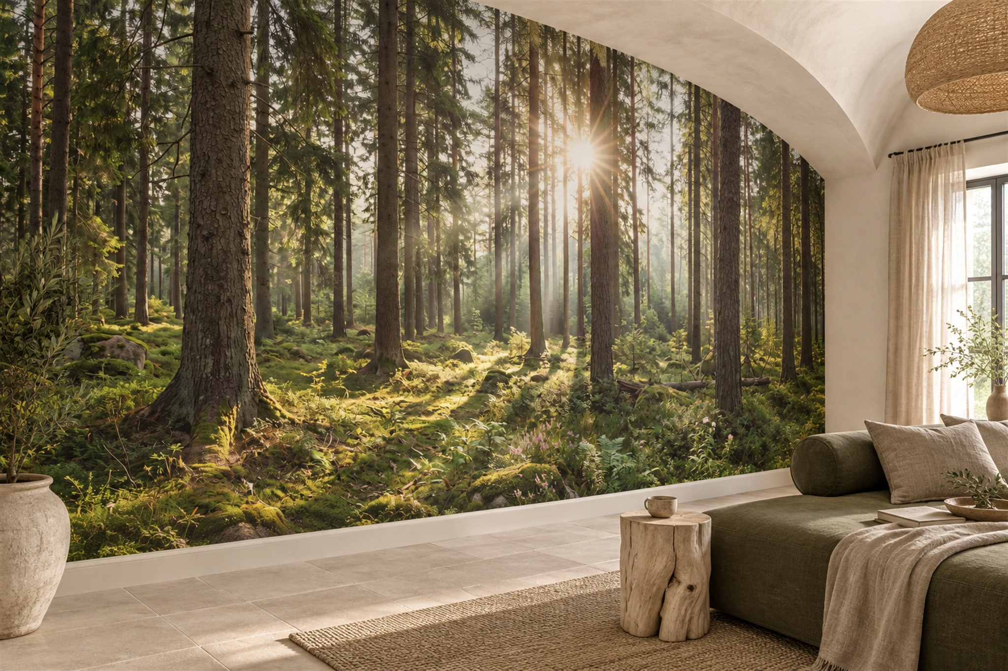 Green Sunlit Forest Path Wallpaper Mural — Wallpaper Mural Design, Peel-and-stick Finish