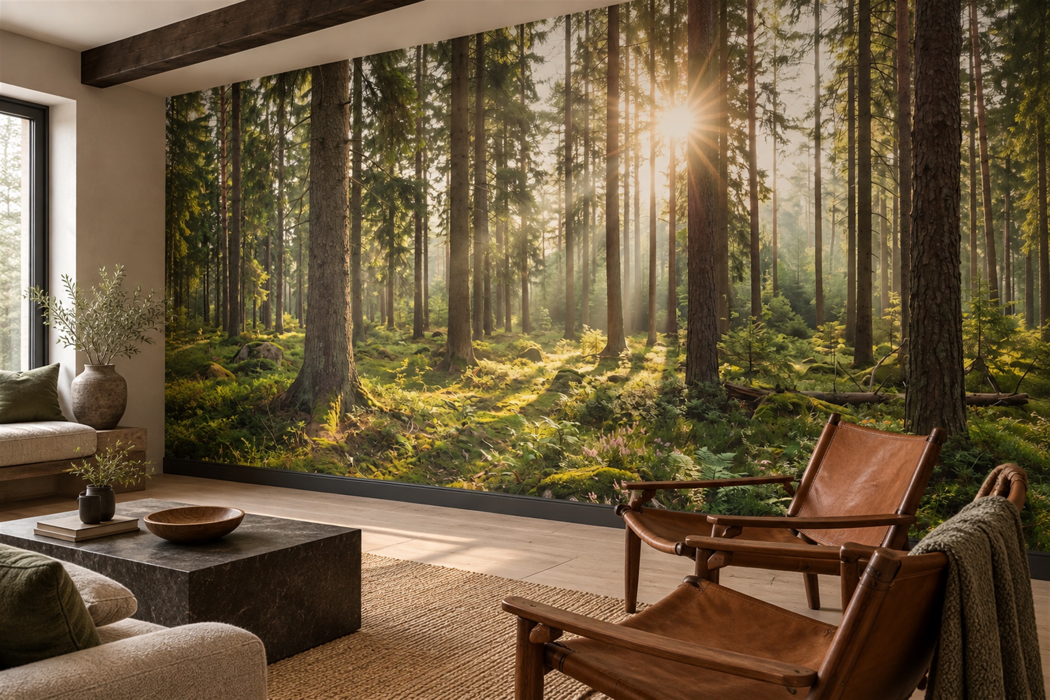 Green Scenic Scenic Forest Wallpaper Mural Feature-wall-wallpaper-murals, Peel-and-stick Finish