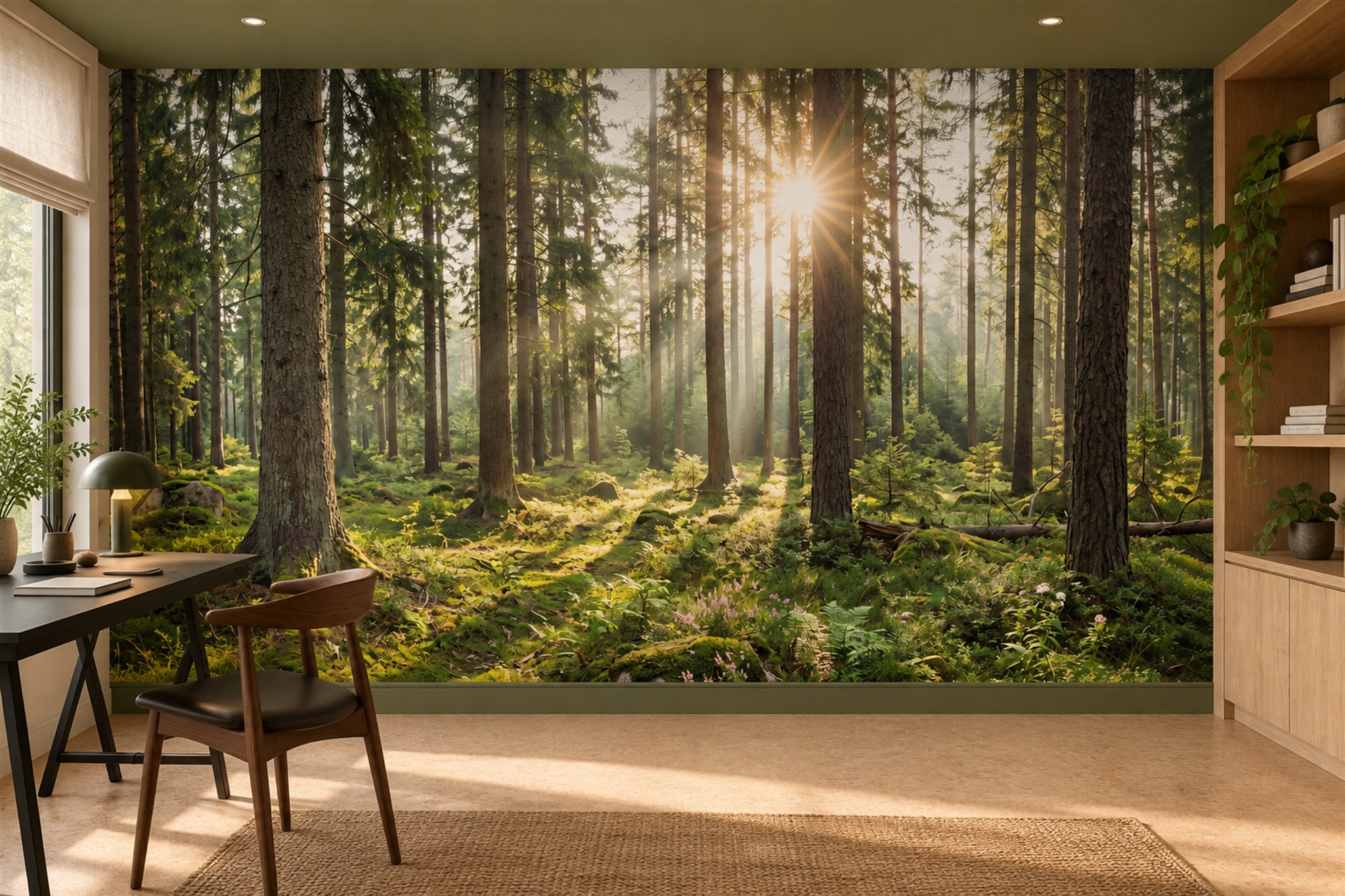 Green Scenic Scenic Forest Wallpaper Mural Home-office-wallpaper-murals, Shown In A Home Office, Peel-and-stick Finish