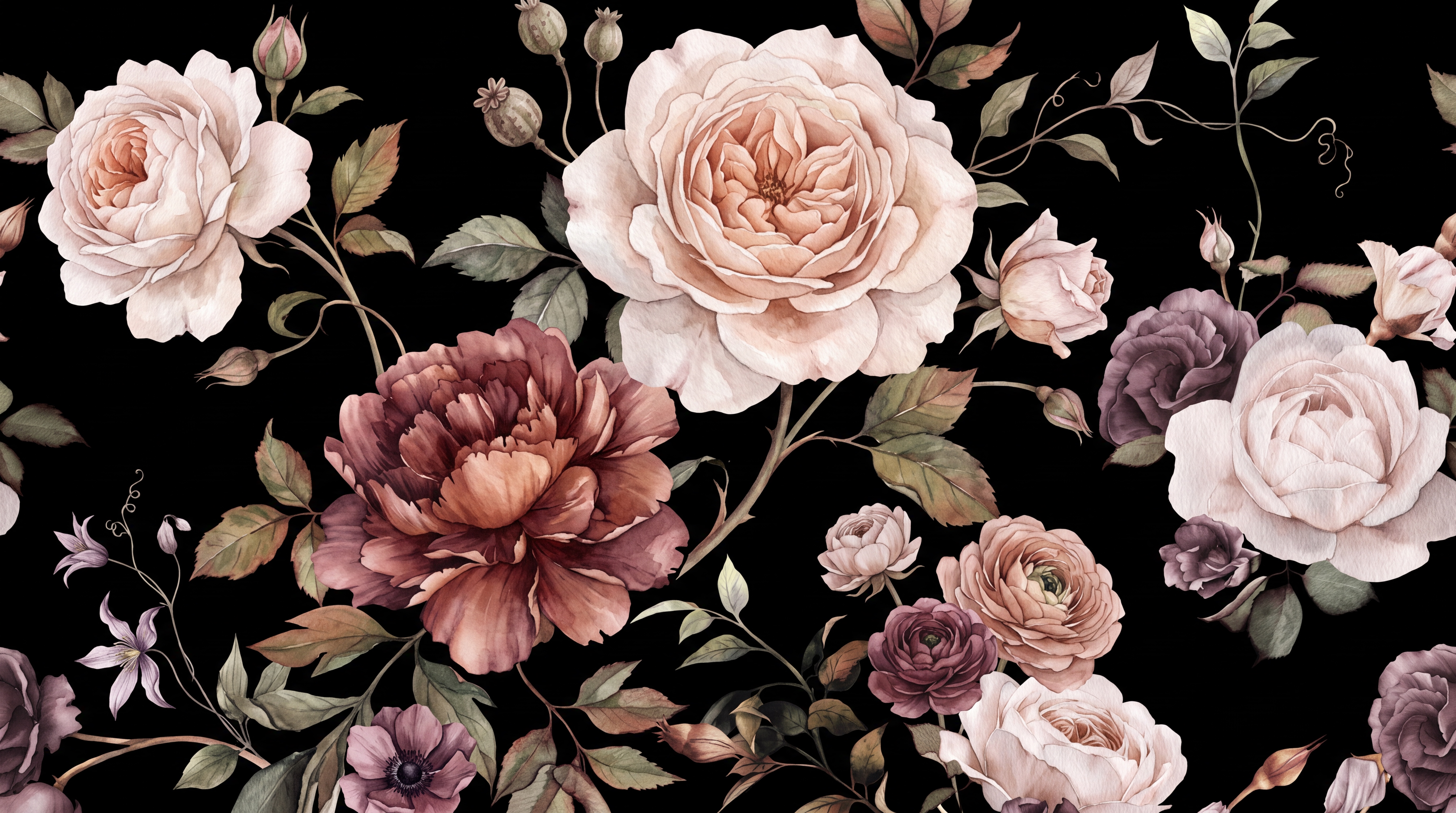 Pink Rose Botanical Wallpaper Mural, Peel-and-stick Finish