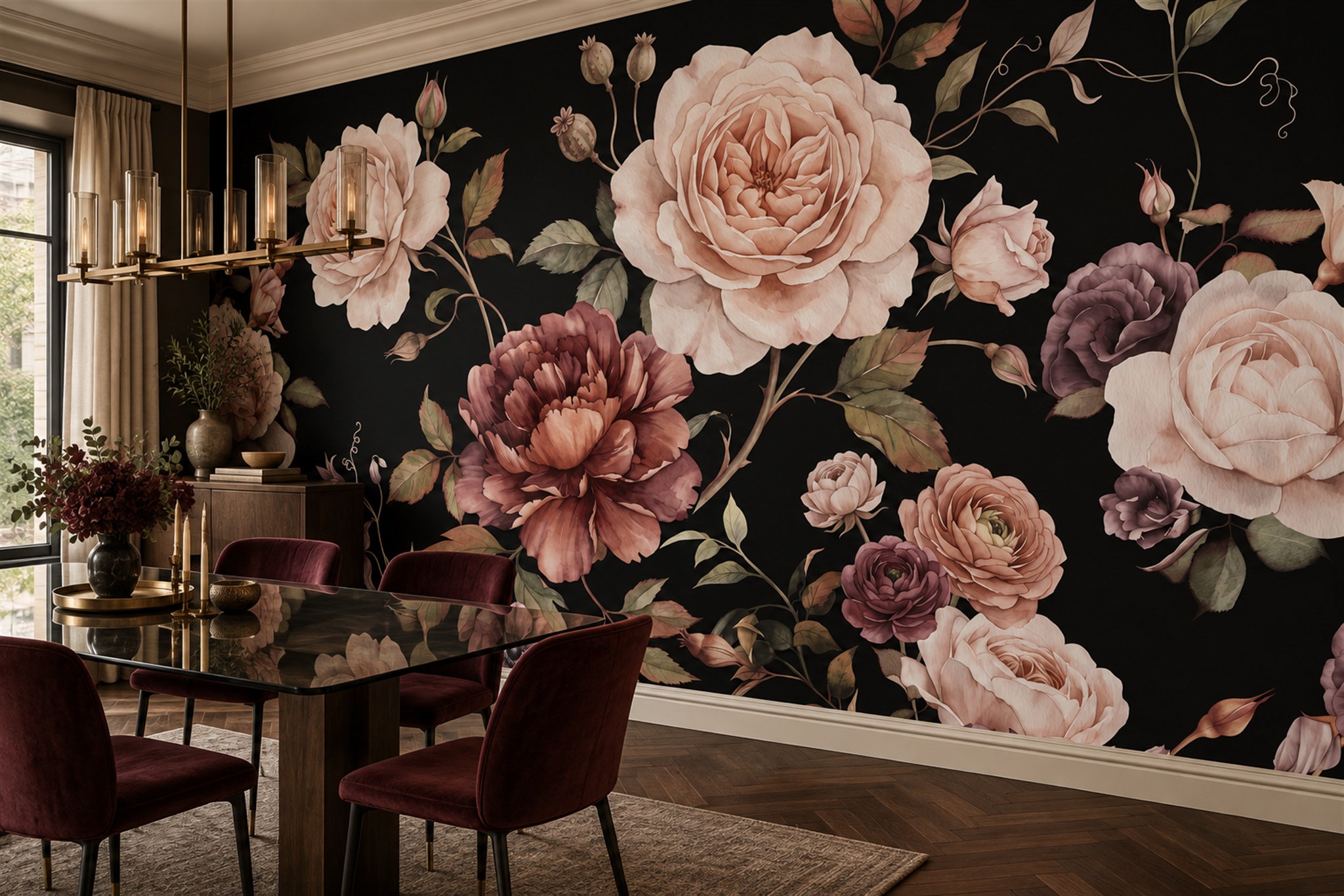 Pink Rose Botanical Wallpaper Mural Dining-room-wallpaper-murals, Shown In A Dining Room, Peel-and-stick Finish