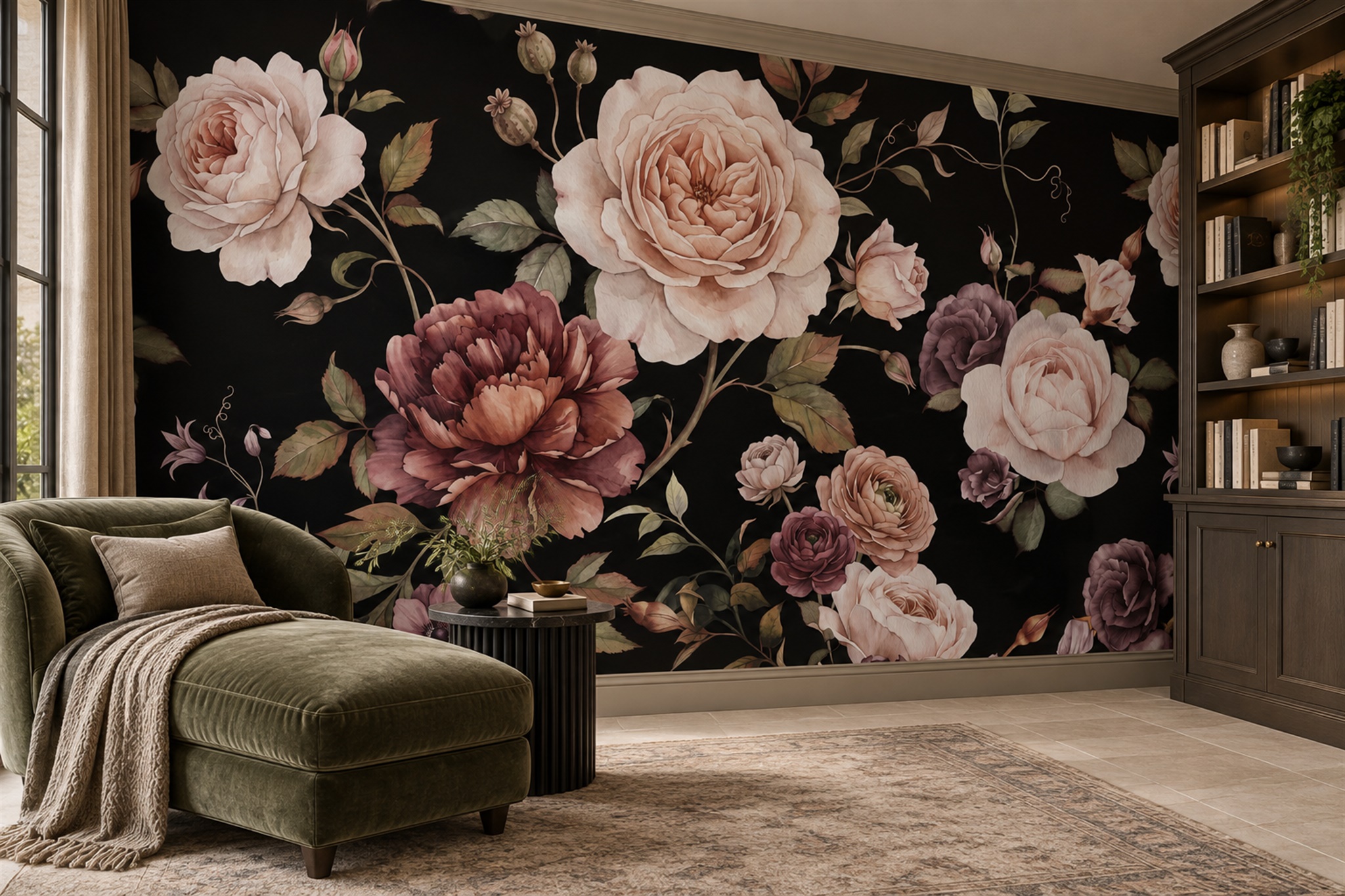 Pink Rose Botanical Wallpaper Mural Home-office-wallpaper-murals, Peel-and-stick Finish