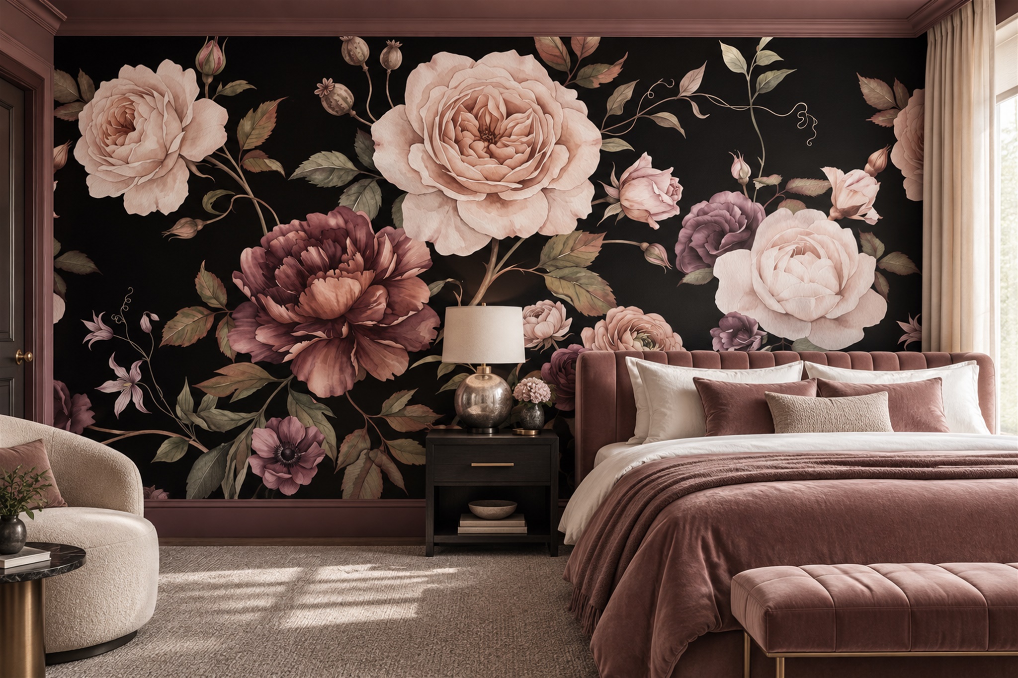 Pink Rose Botanical Wallpaper Mural Home-office-wallpaper-murals, Peel-and-stick Finish