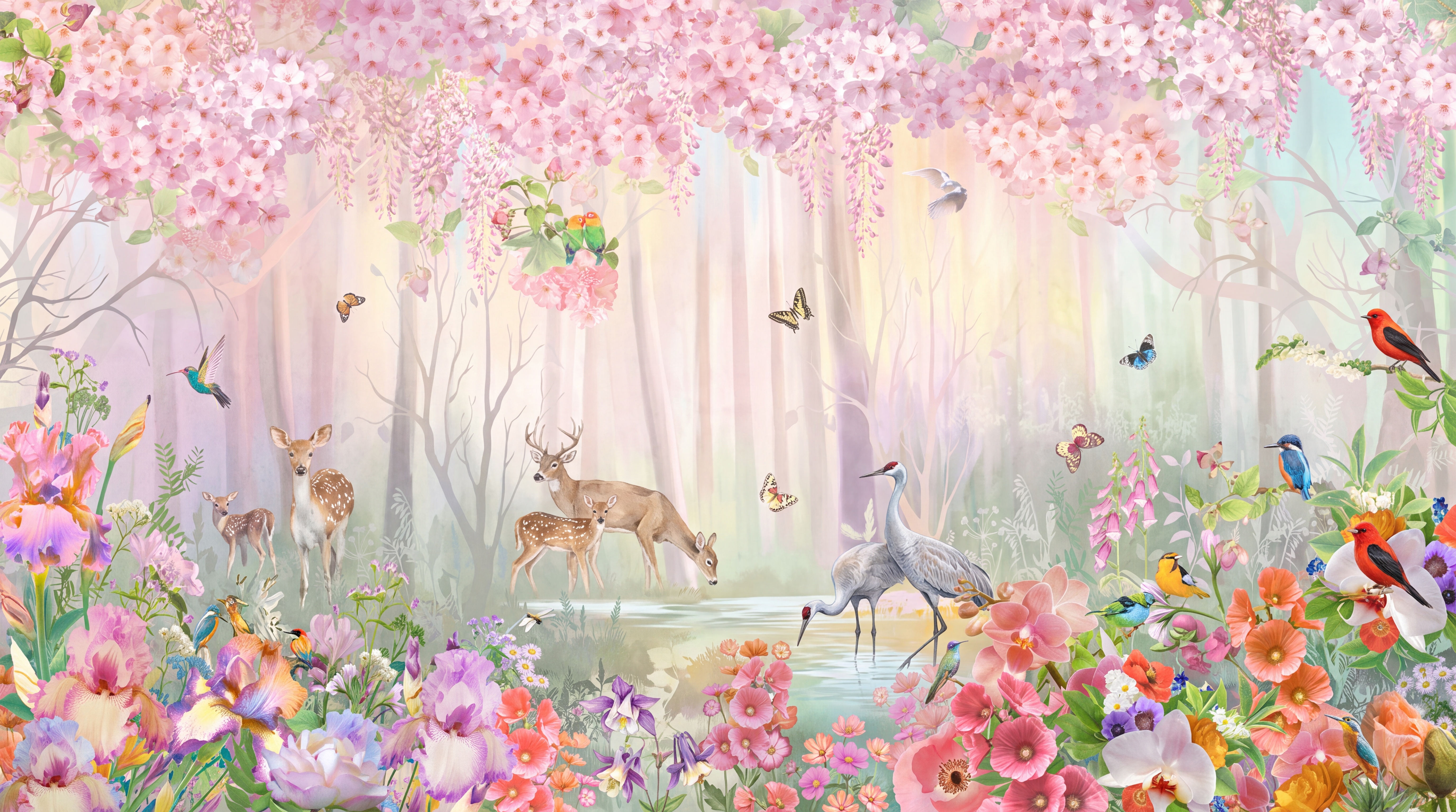 Pink Garden Scenic Decorative Wallpaper Mural, Peel-and-stick Finish