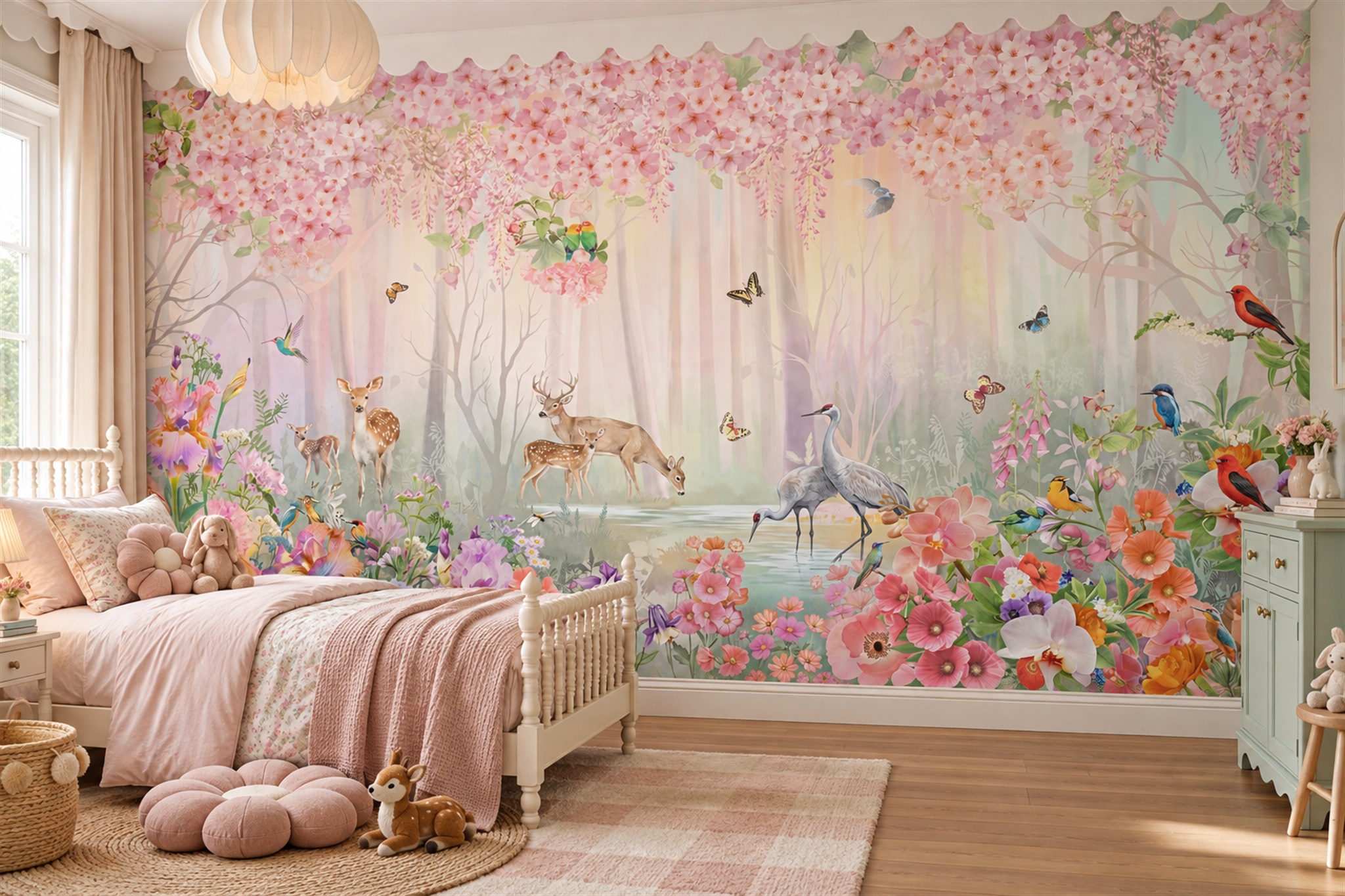 Pink Garden Scenic Decorative Wallpaper Mural Kids-room-wallpaper-murals, Peel-and-stick Finish