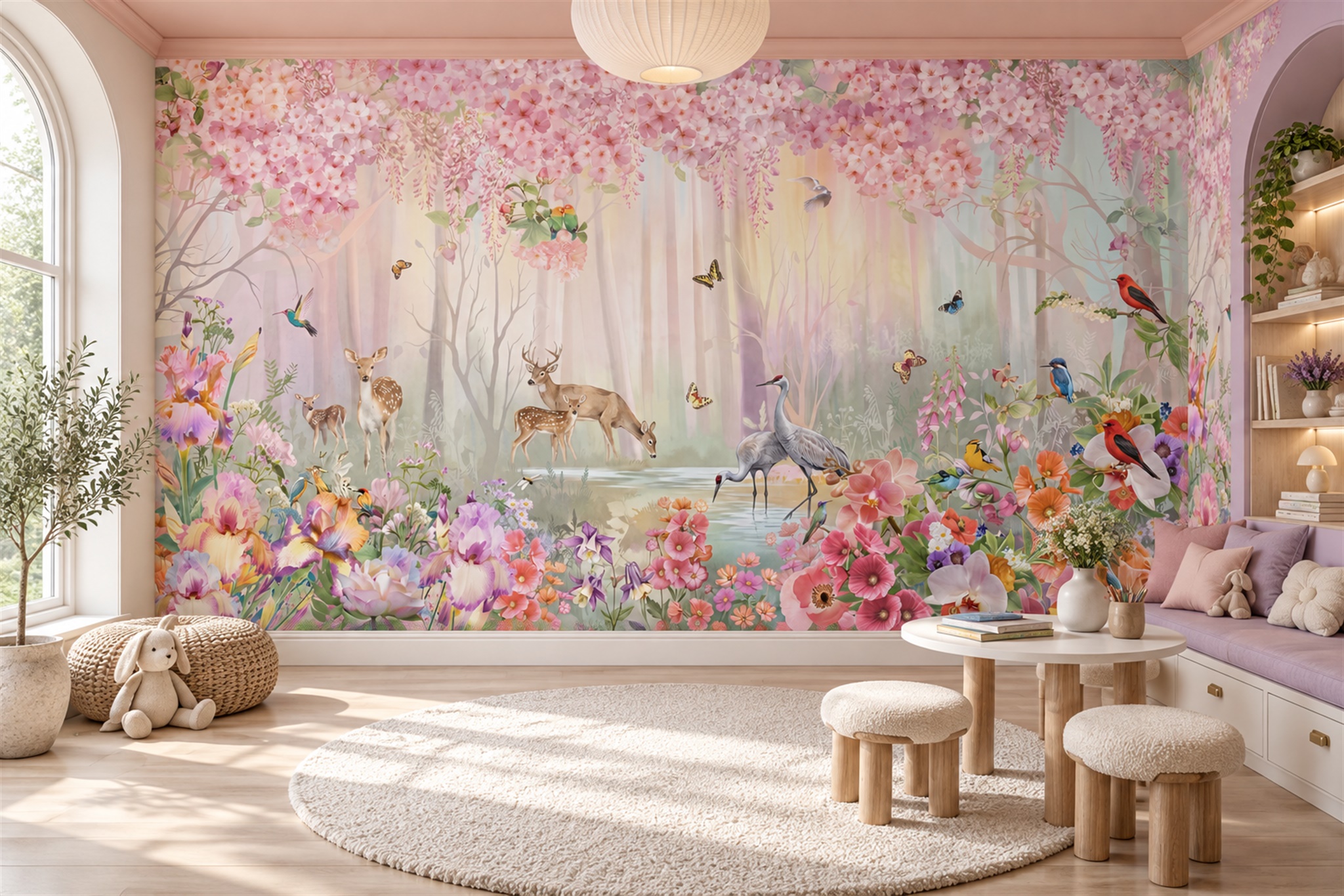 Pastel Woodland With Deer, Cranes And Flowers Wallpaper Mural — Wallpaper Mural Design, Peel-and-stick Finish