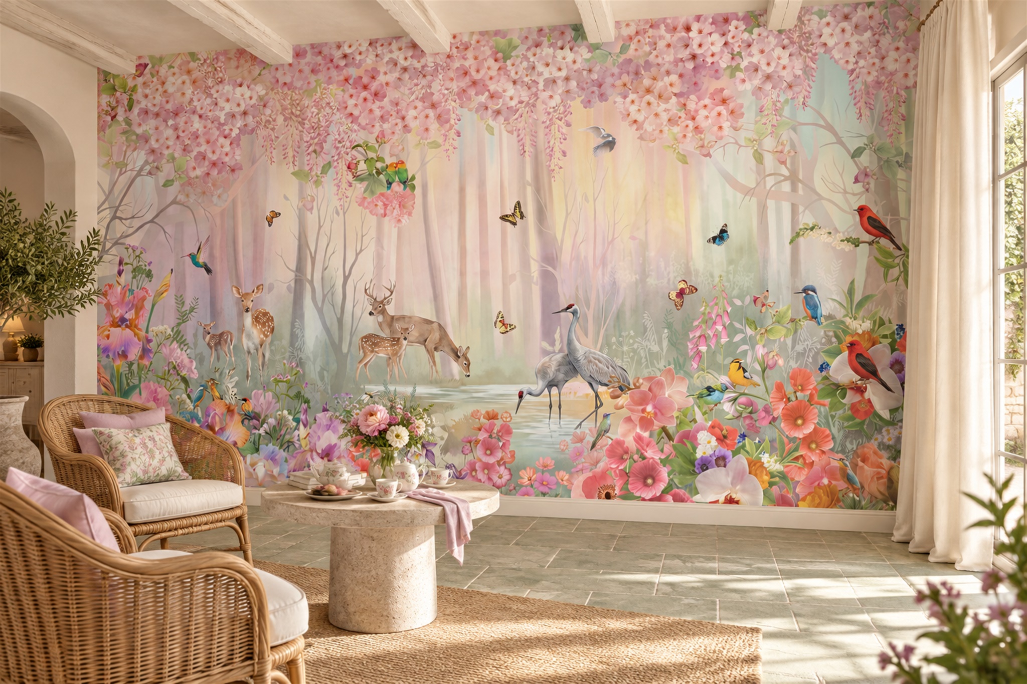 Pink Garden Scenic Decorative Wallpaper Mural Accent-wall-wallpaper-murals, Peel-and-stick Finish