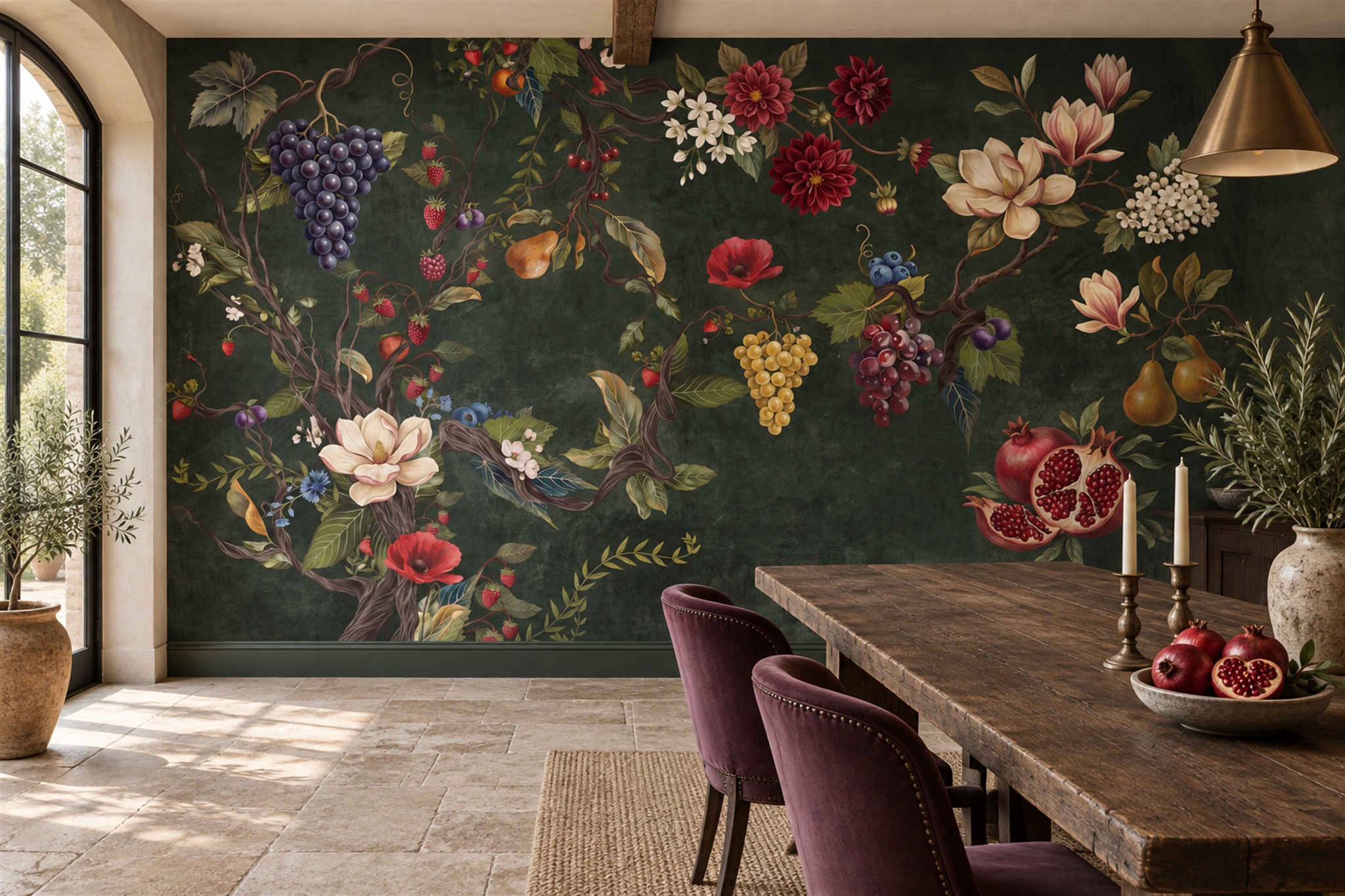 Green Pattern Decorative Wallpaper Mural Layered Forms Wallpaper Mural Dining-room-wallpaper-murals, Shown In A Dining Room, Peel-and-stick Finish