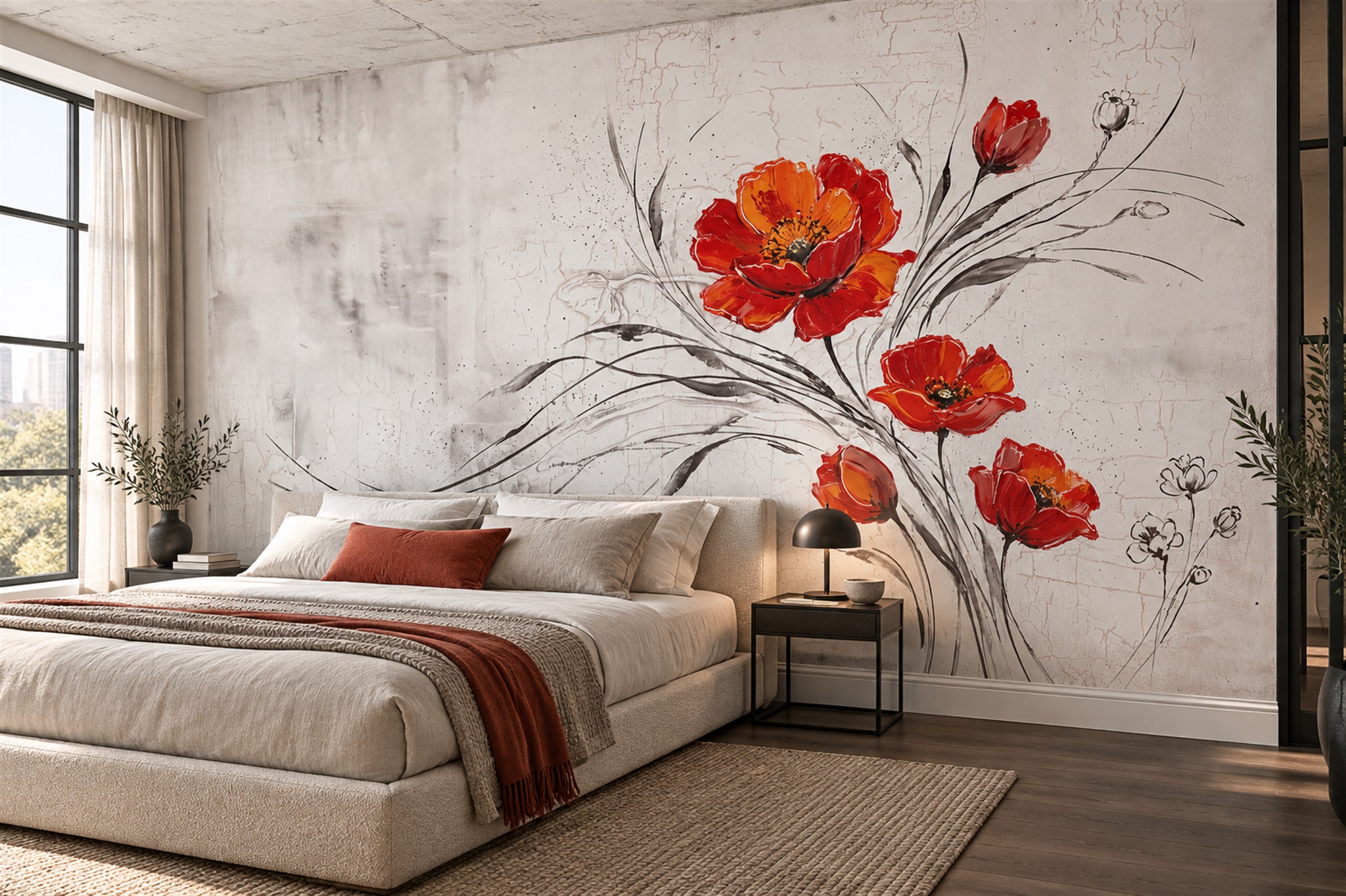 Red Pattern Decorative Painterly Wallpaper Mural Bedroom-wallpaper-murals, Peel-and-stick Finish