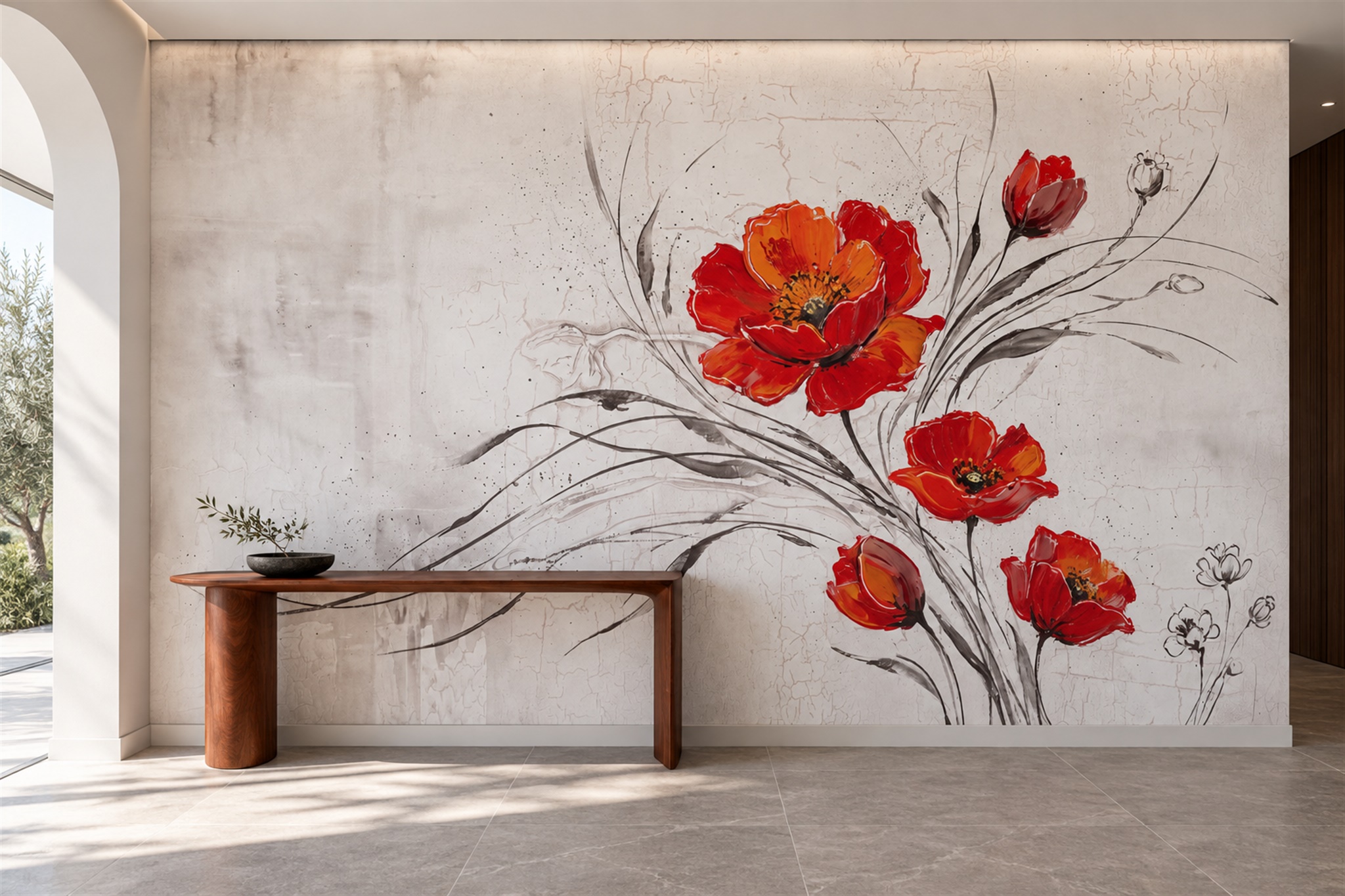 Red Pattern Decorative Painterly Wallpaper Mural Entryway-wallpaper-murals, Peel-and-stick Finish