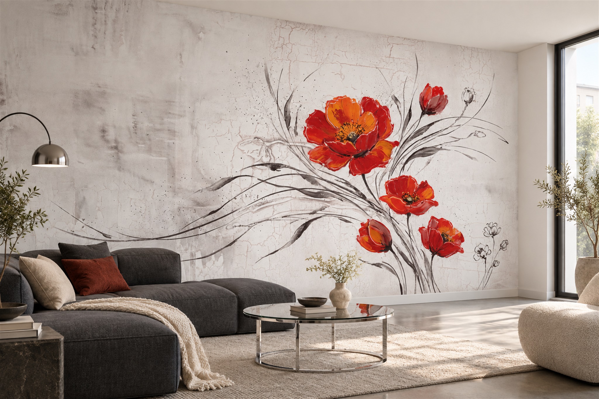 Red Pattern Decorative Painterly Wallpaper Mural Bedroom-wallpaper-murals, Peel-and-stick Finish