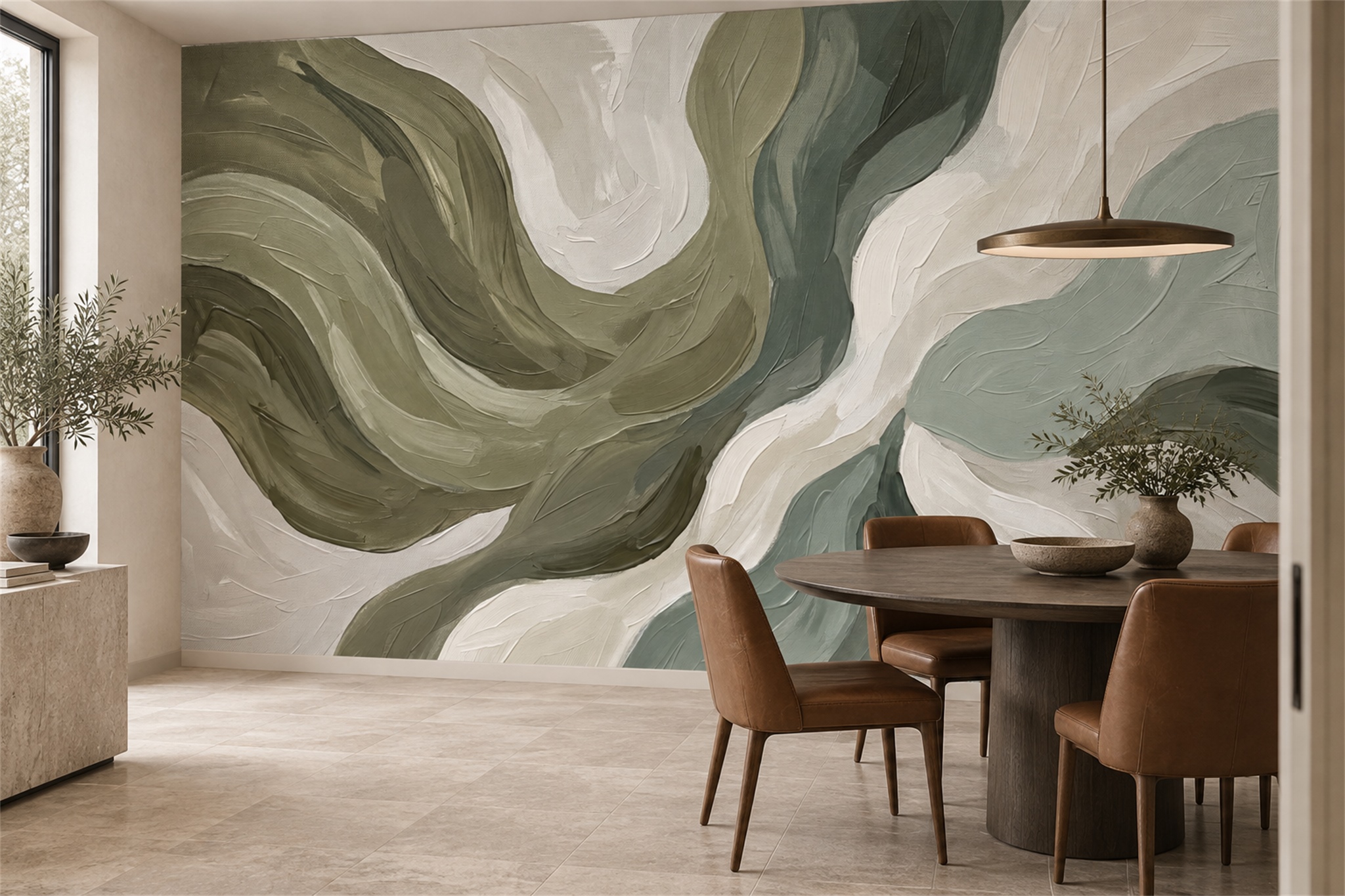 Olive Swirl Artful Wallpaper Mural Dining-room-wallpaper-murals, Shown In A Dining Room, Peel-and-stick Finish