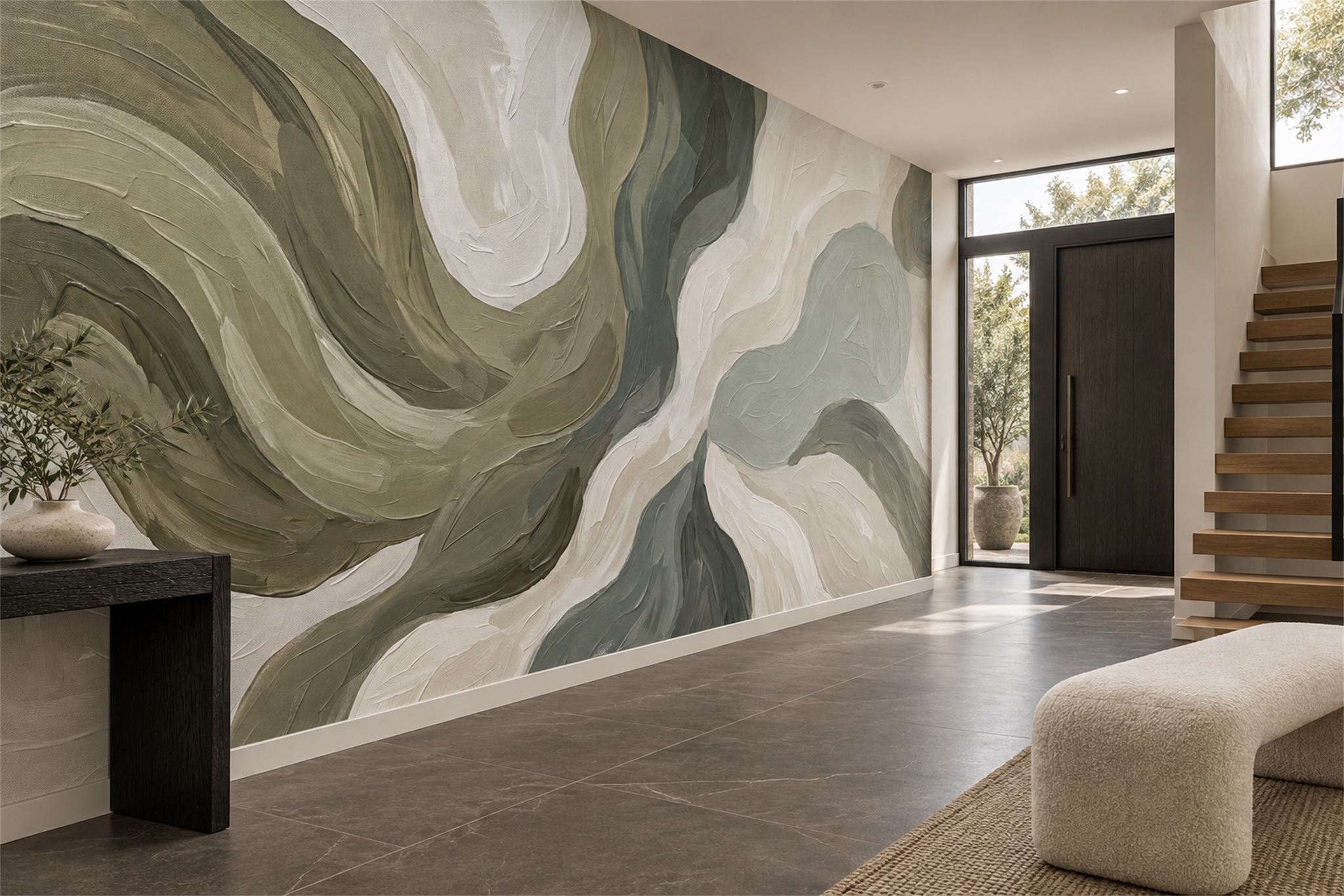 Olive Swirl Artful Wallpaper Mural Living-room-wallpaper-murals, Peel-and-stick Finish
