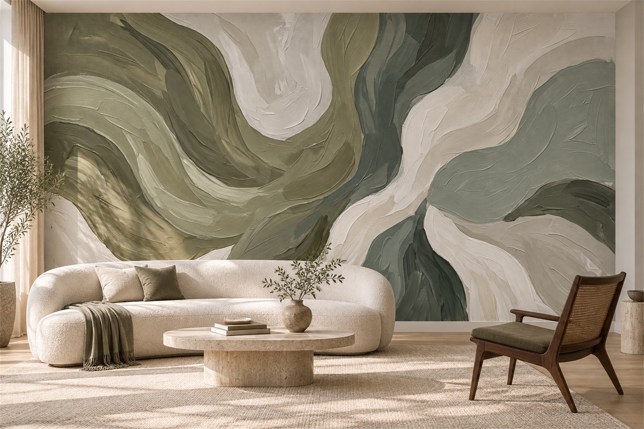 Olive And Ivory Flowing Ribbon Abstract Wallpaper Mural — Wallpaper Mural Design, Peel-and-stick Finish