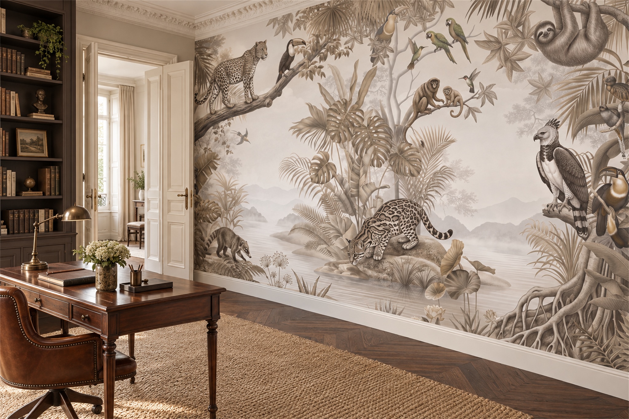 Taupe Safari Animals And Ferns Wallpaper Mural — Wallpaper Mural Design, Peel-and-stick Finish