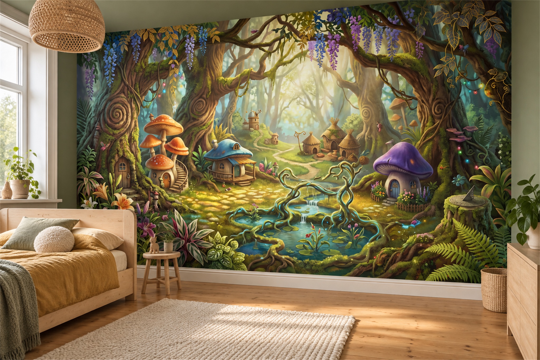 Green Pattern Decorative Wallpaper Mural Layered Marks Wallpaper Mural Accent-wall-wallpaper-murals, Peel-and-stick Finish