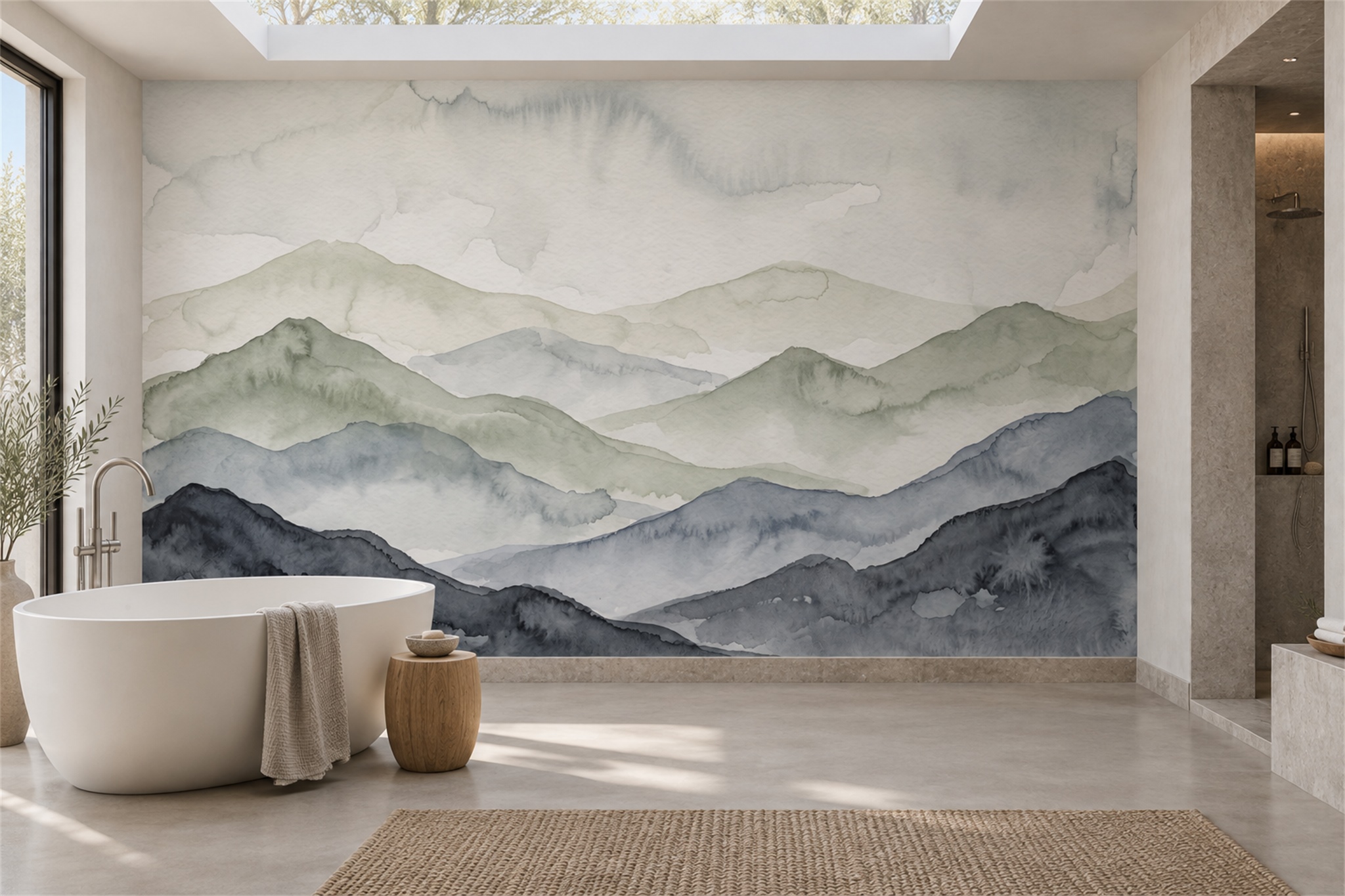 Layered Grey Watercolour Mountain Ranges Wallpaper Mural — Wallpaper Mural Design, Peel-and-stick Finish