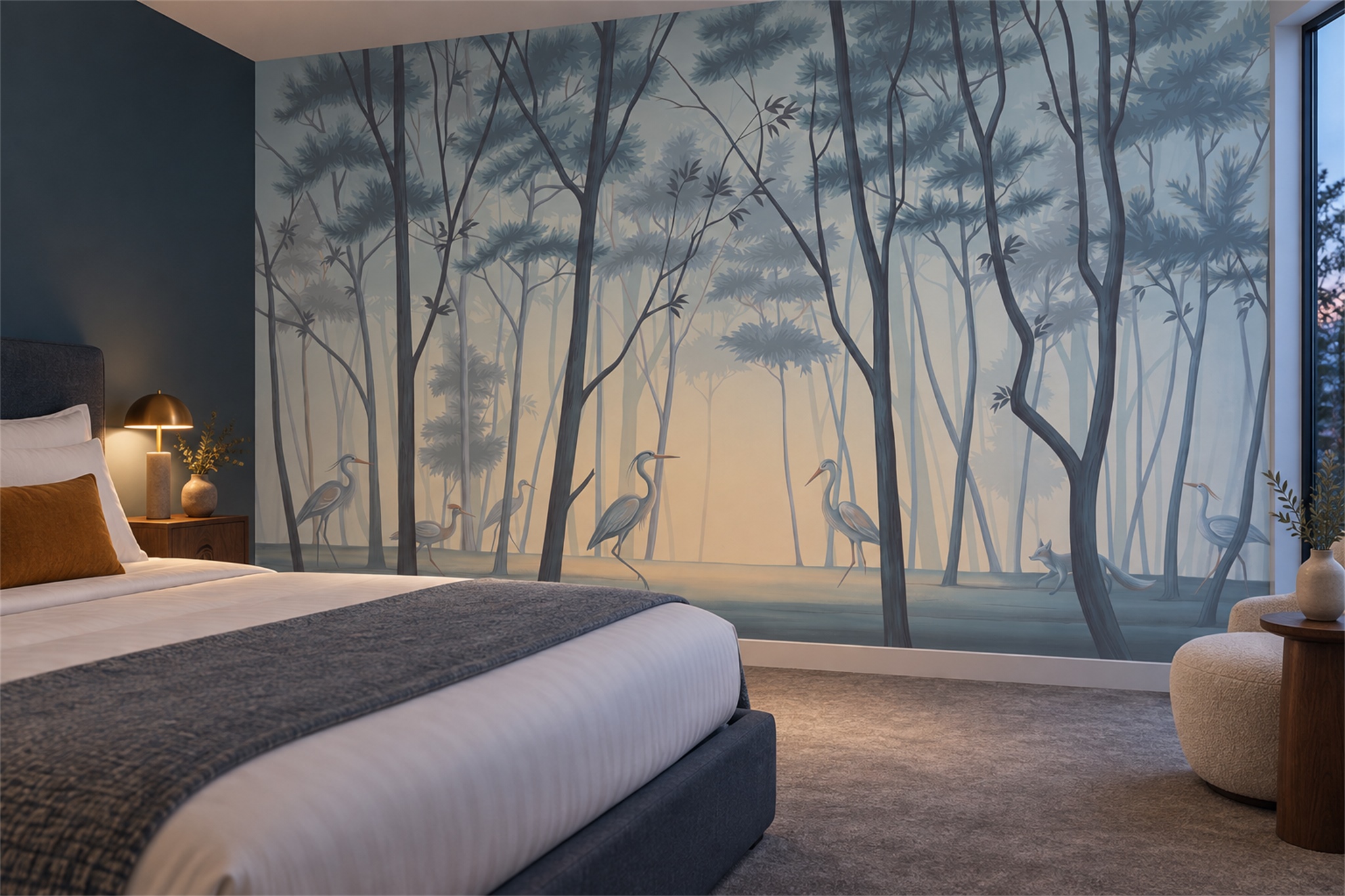 Blue Forest Scenic Layered Wallpaper Mural Bedroom-wallpaper-murals, Peel-and-stick Finish