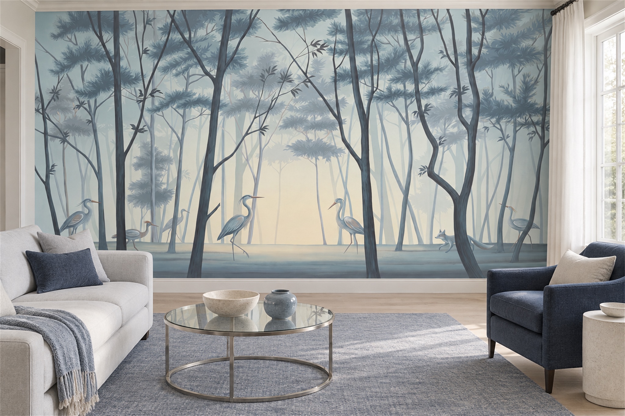 Blue Forest Scenic Layered Wallpaper Mural Accent-wall-wallpaper-murals, Peel-and-stick Finish