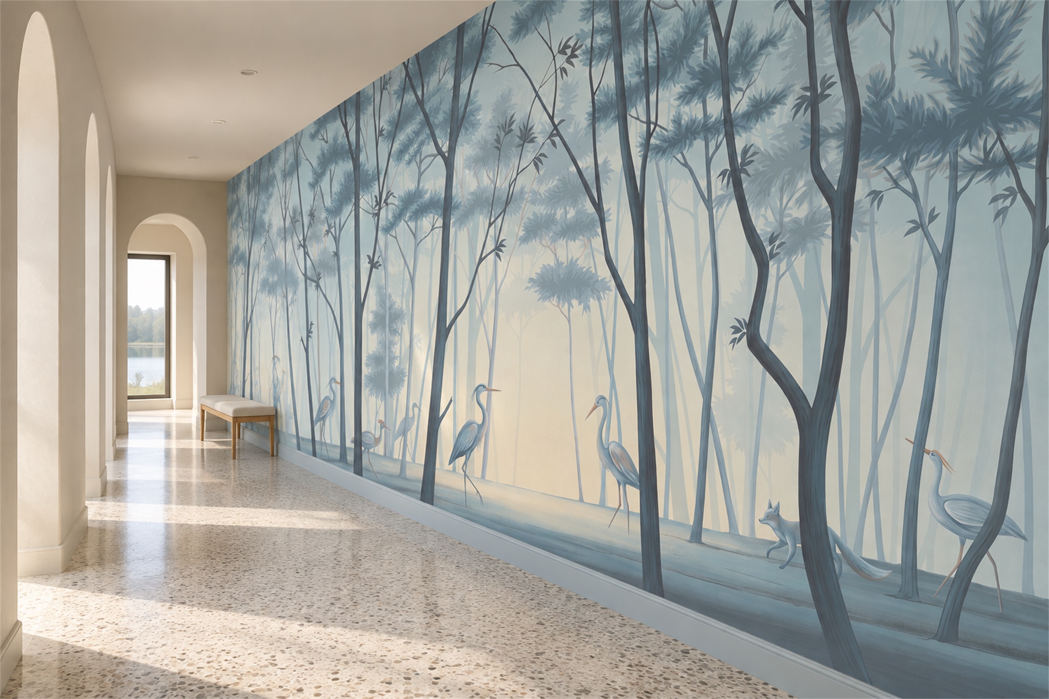 Blue Forest Scenic Layered Wallpaper Mural Accent-wall-wallpaper-murals, Peel-and-stick Finish