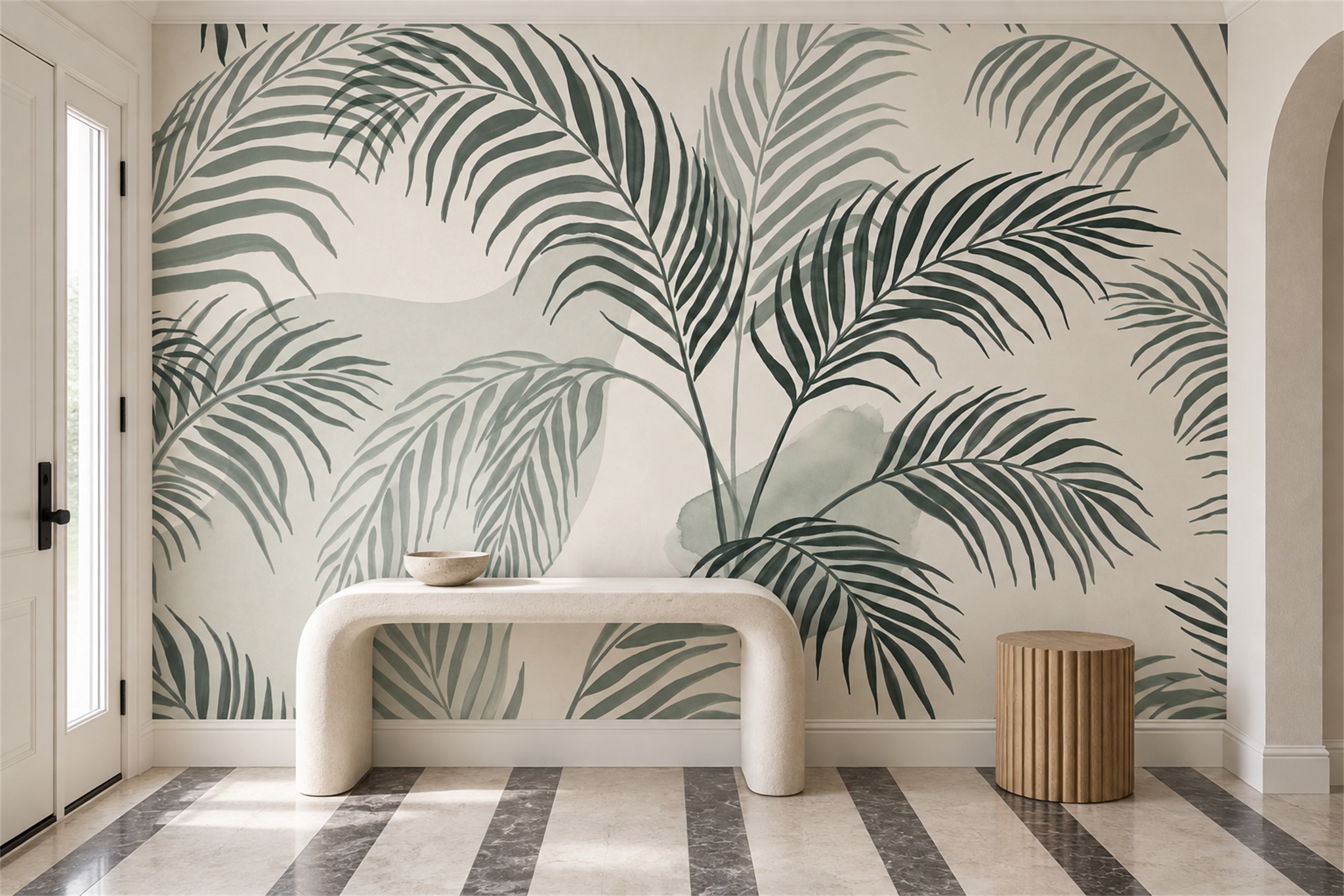 Green Palm Artful Tropical Wallpaper Mural Entryway-wallpaper-murals, Peel-and-stick Finish