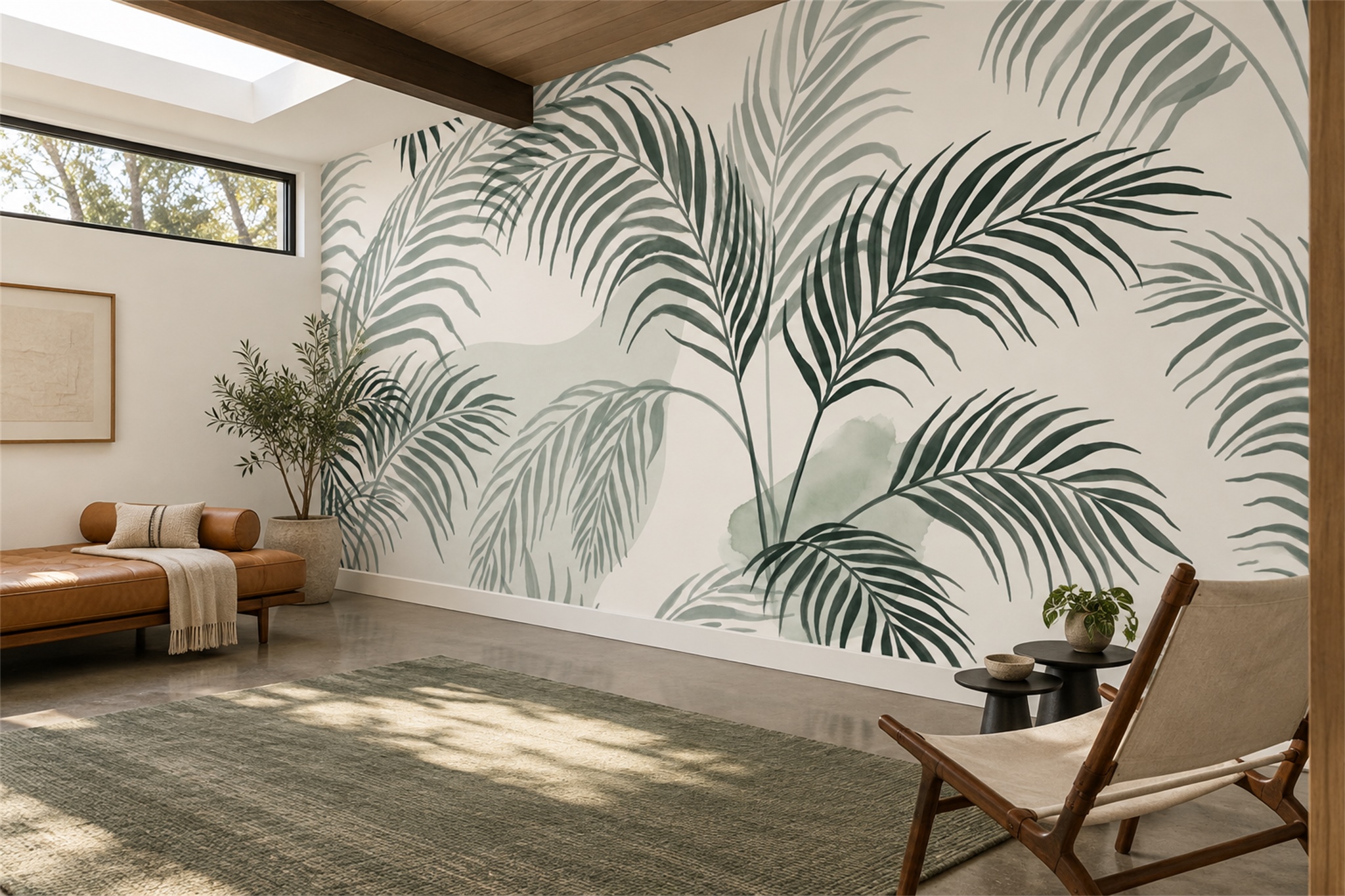 Sage Green Palm Fronds On Ivory Wallpaper Mural — Wallpaper Mural Design, Peel-and-stick Finish