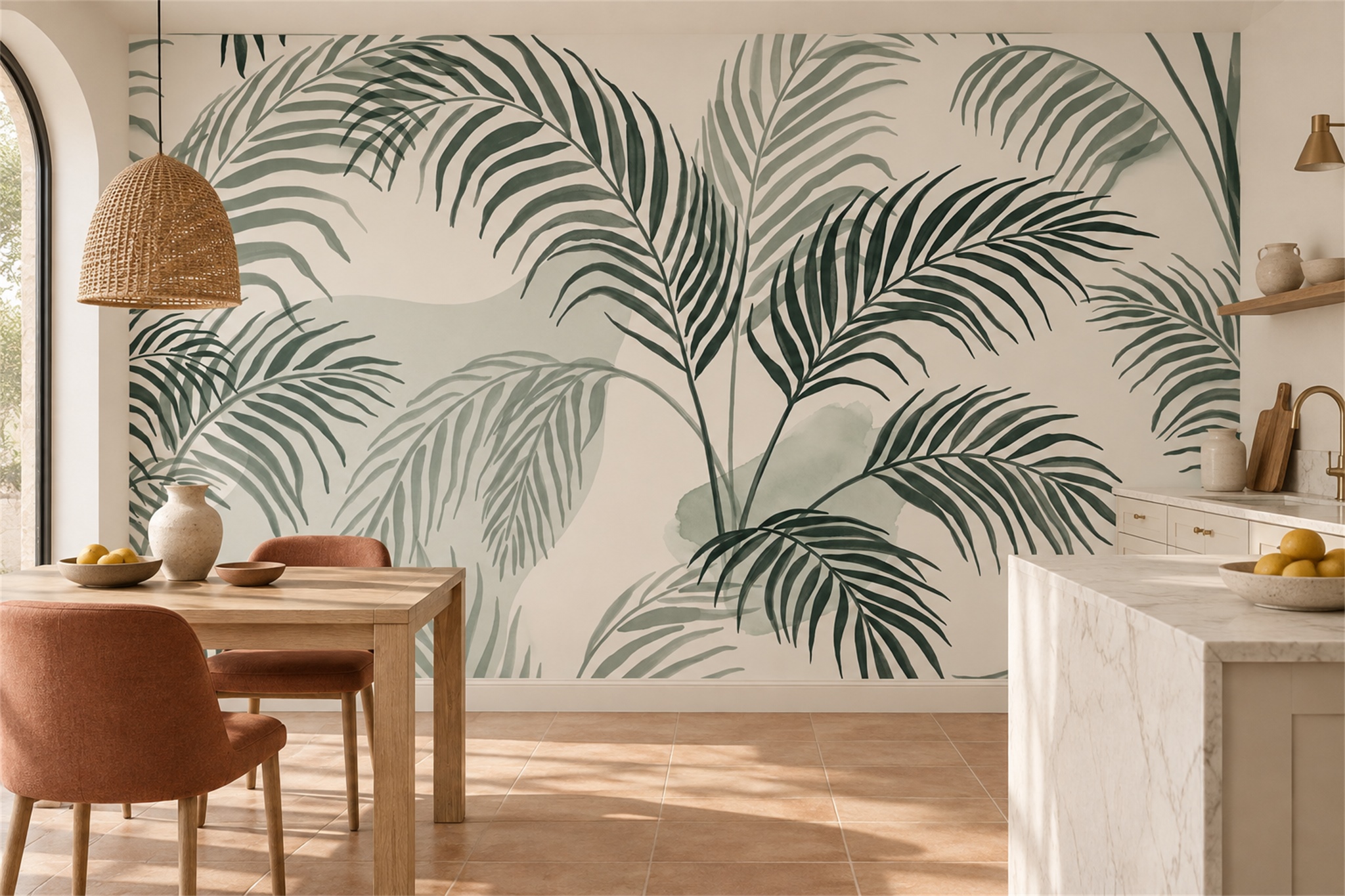 Green Palm Artful Tropical Wallpaper Mural Dining-room-wallpaper-murals, Shown In A Dining Room, Peel-and-stick Finish