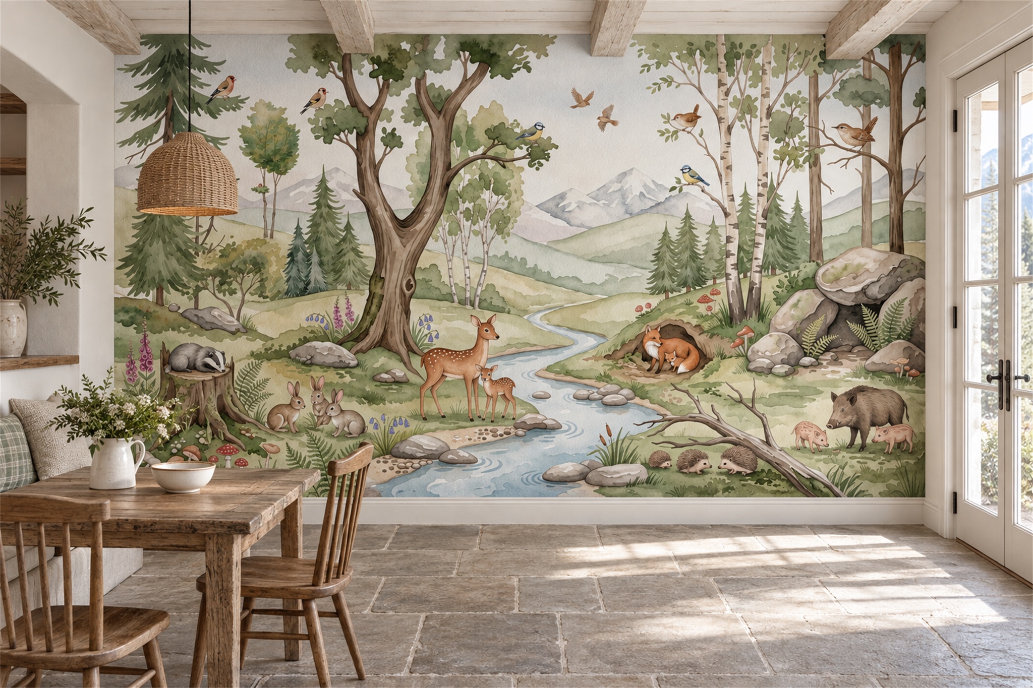 Woodland Stream With Deer And Forest Animals Wallpaper Mural — Wallpaper Mural Design, Peel-and-stick Finish