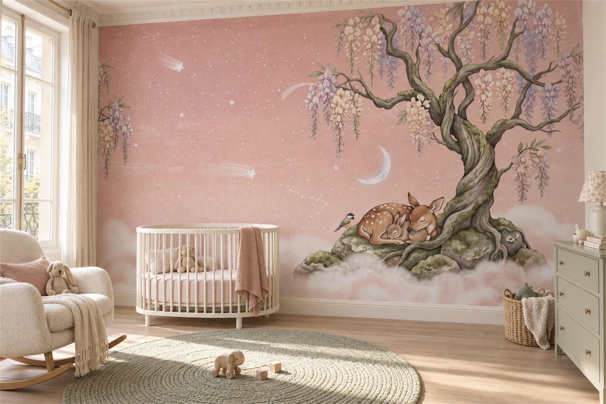 Sleeping Deer Under Pink Wisteria Moonlight Wallpaper Mural — Installed Wallpaper Mural In A Nursery, Peel-and-stick Finish