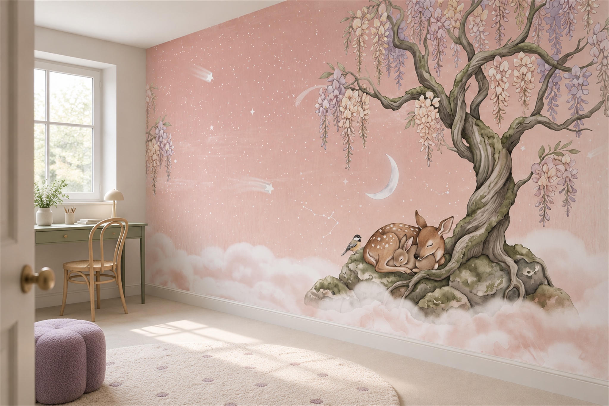 Pink Deer Illustrated Wallpaper Mural Home-office-wallpaper-murals, Shown In A Home Office, Peel-and-stick Finish