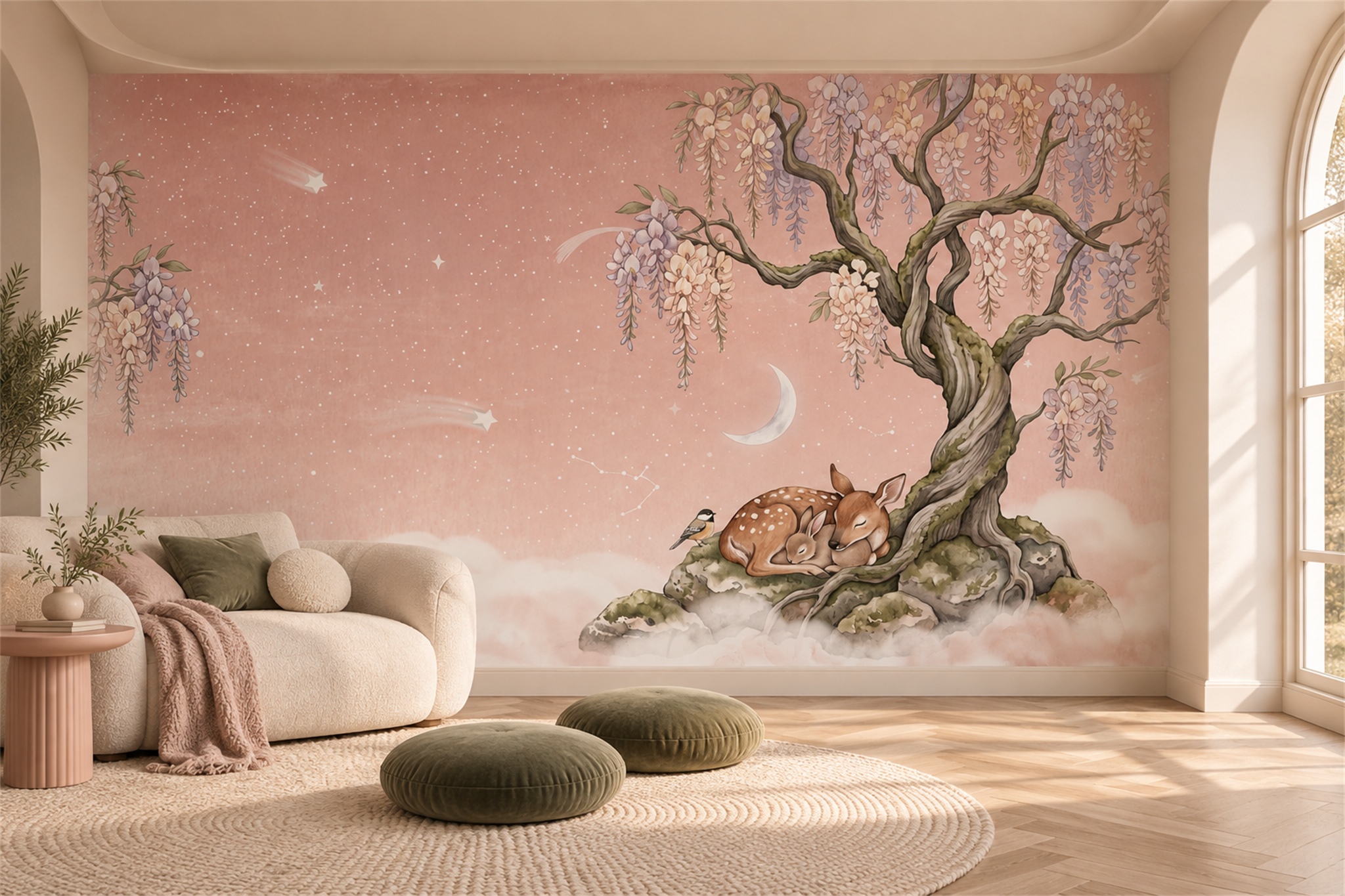 Pink Deer Illustrated Wallpaper Mural Accent-wall-wallpaper-murals, Peel-and-stick Finish