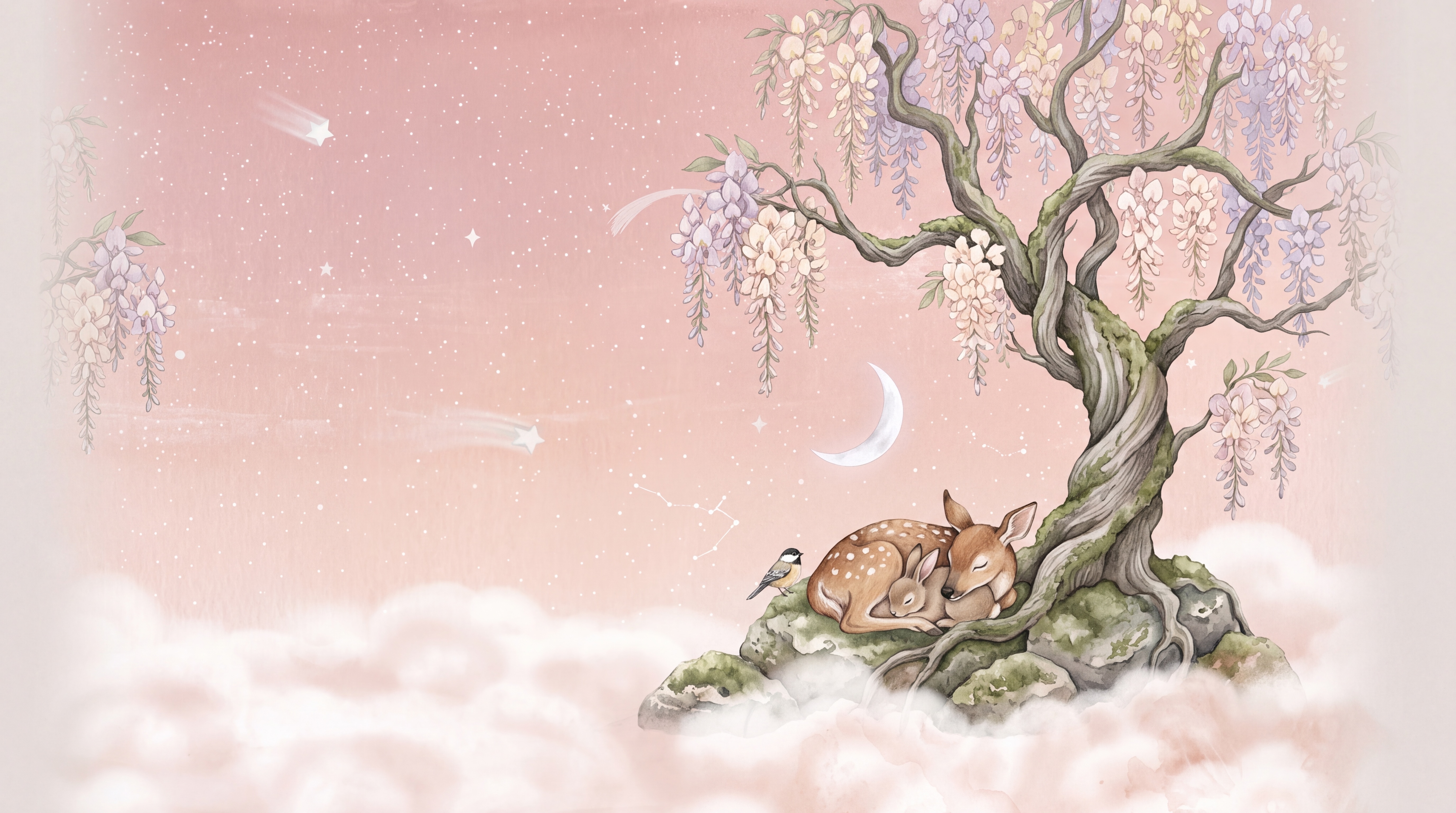 Pink Deer Illustrated Wallpaper Mural, Peel-and-stick Finish