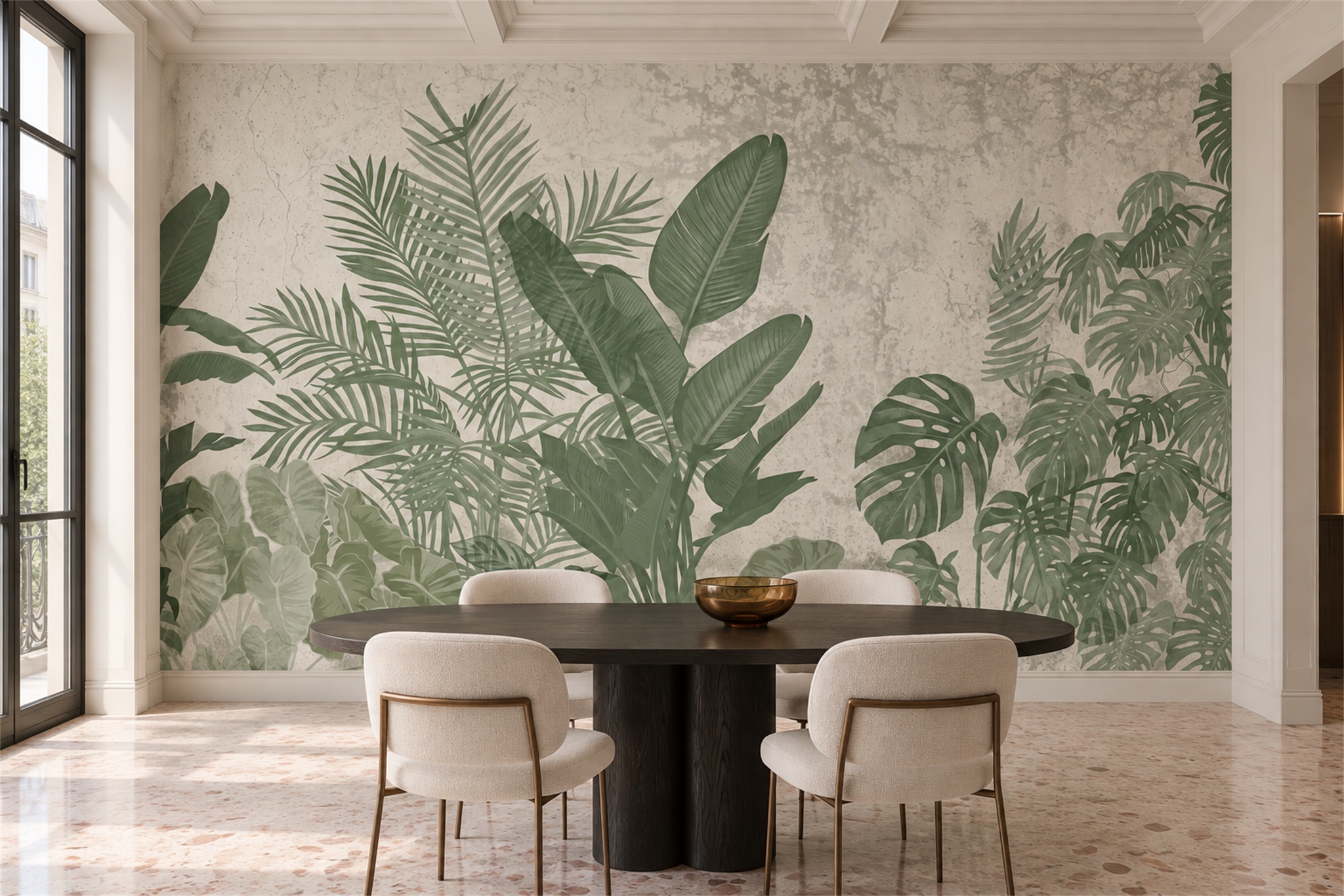 Sage Leaf Botanical Decorative Wallpaper Mural Dining-room-wallpaper-murals, Shown In A Dining Room, Peel-and-stick Finish