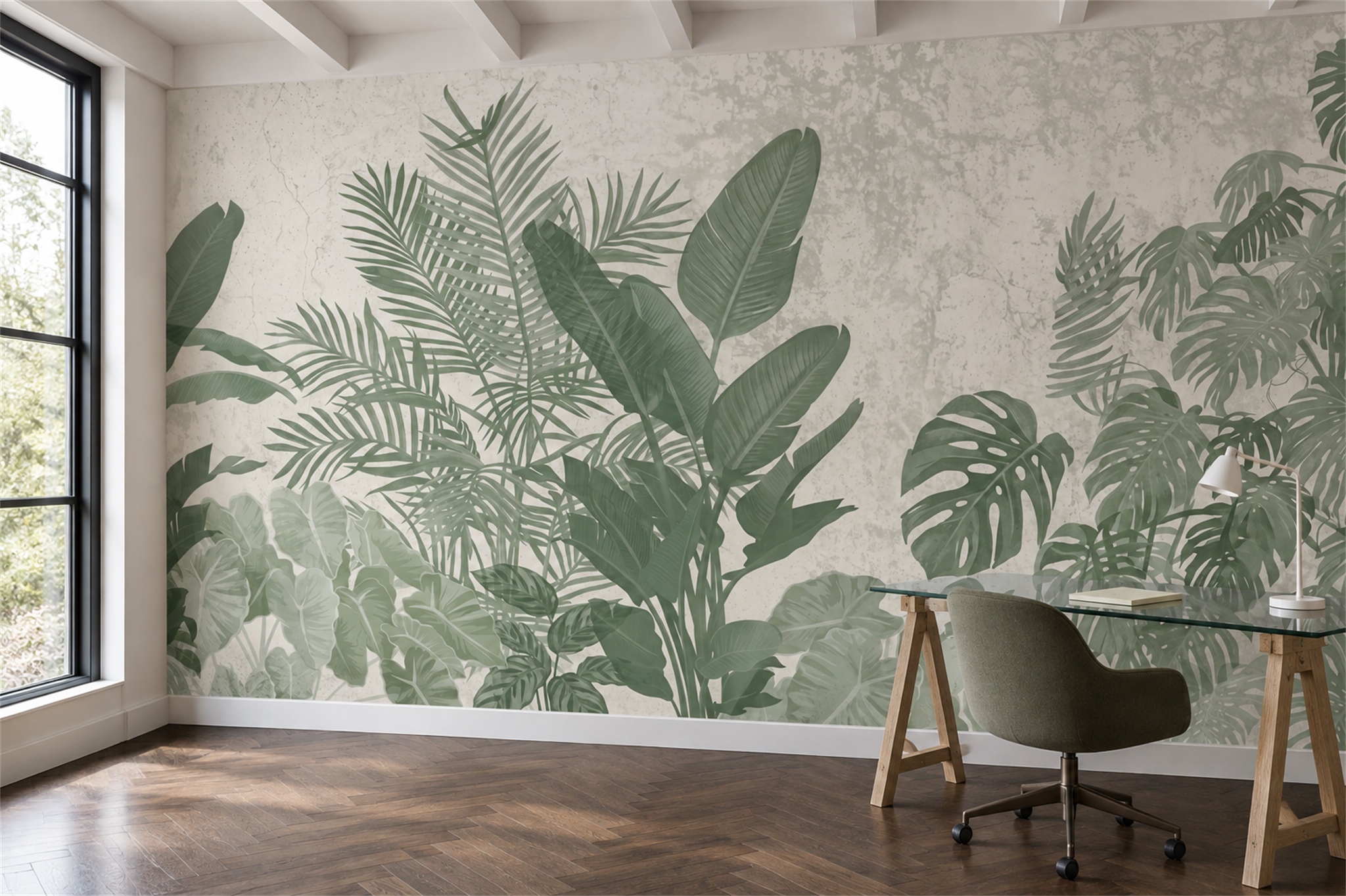 Sage Leaf Botanical Decorative Wallpaper Mural Home-office-wallpaper-murals, Shown In A Home Office, Peel-and-stick Finish
