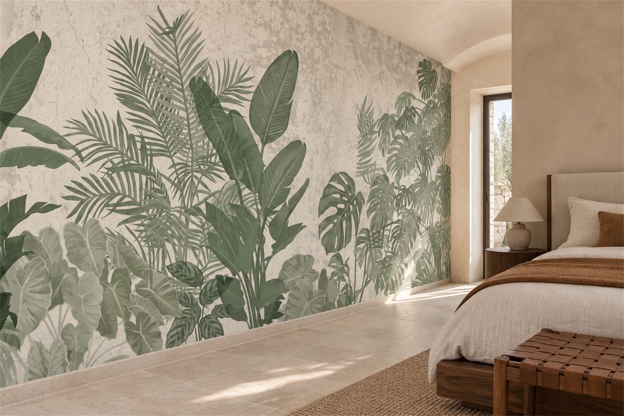 Layered Sage Tropical Leaves On Textured Ivory Wallpaper Mural — Installed Wallpaper Mural In A Bedroom, Peel-and-stick Finish