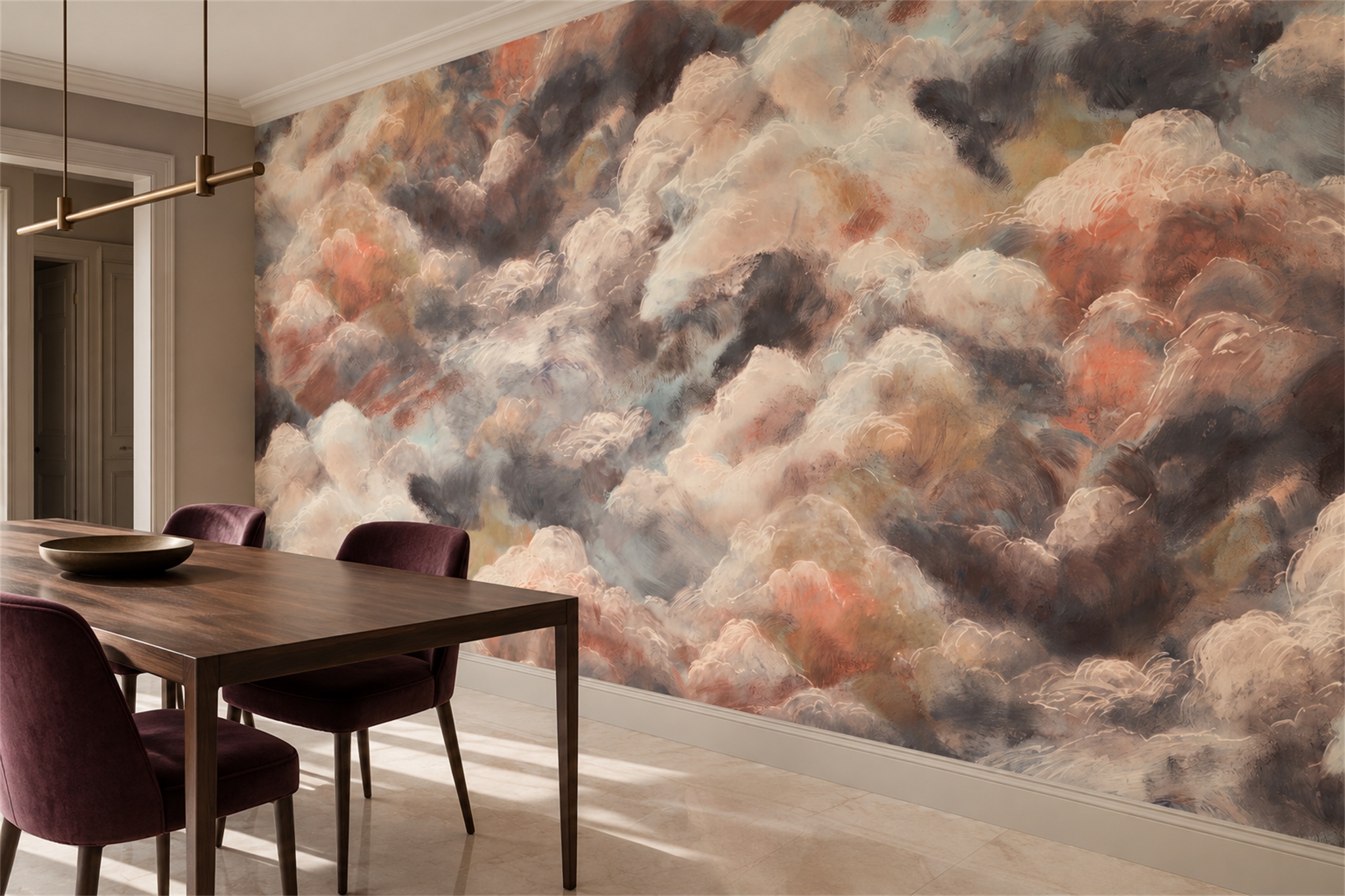 Peach Clouds Artful Abstract Wallpaper Mural Dining-room-wallpaper-murals, Shown In A Dining Room, Peel-and-stick Finish