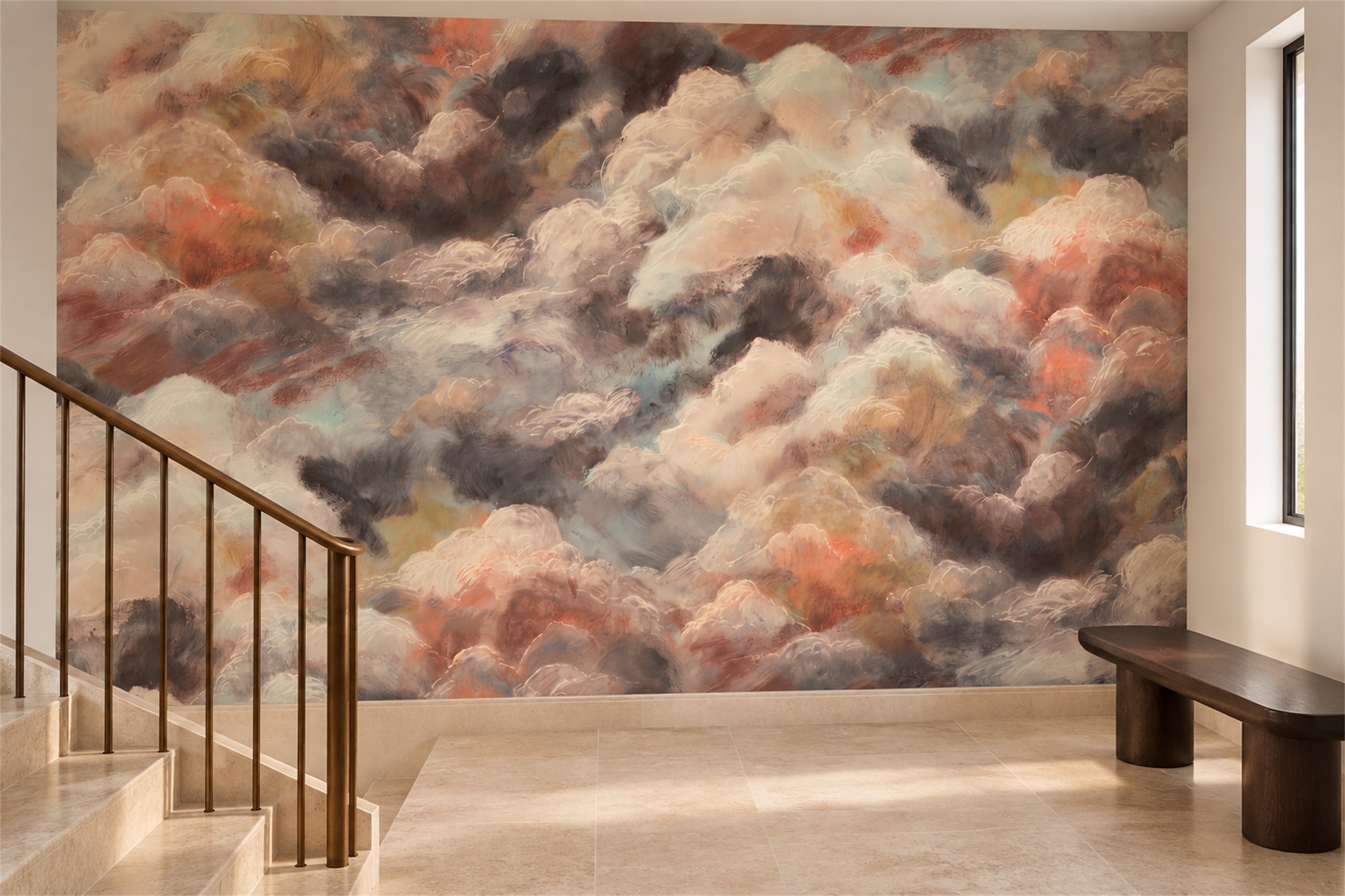 Peach Clouds Artful Abstract Wallpaper Mural Accent-wall-wallpaper-murals, Peel-and-stick Finish
