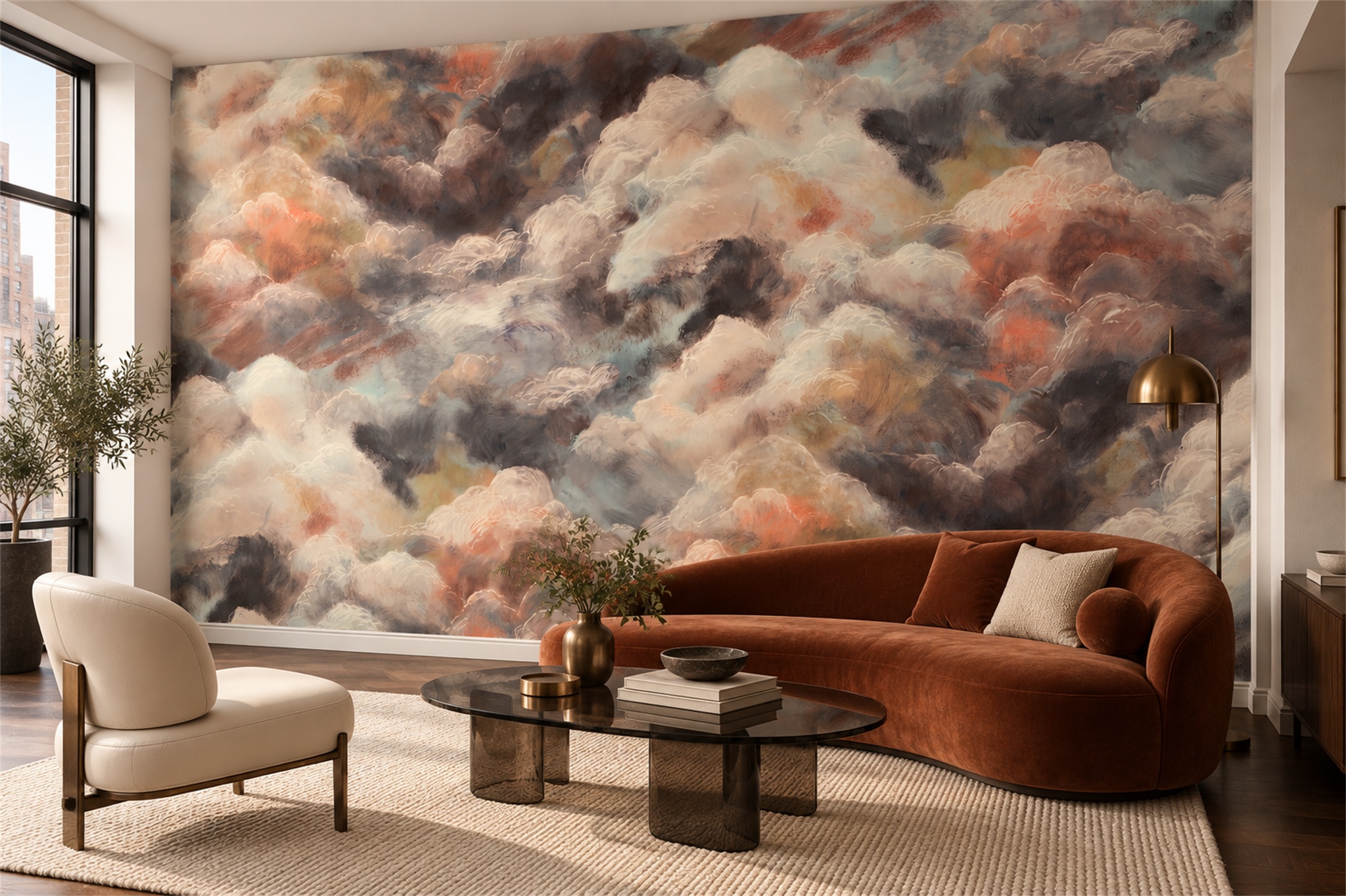 Peach Clouds Artful Abstract Wallpaper Mural Accent-wall-wallpaper-murals, Peel-and-stick Finish