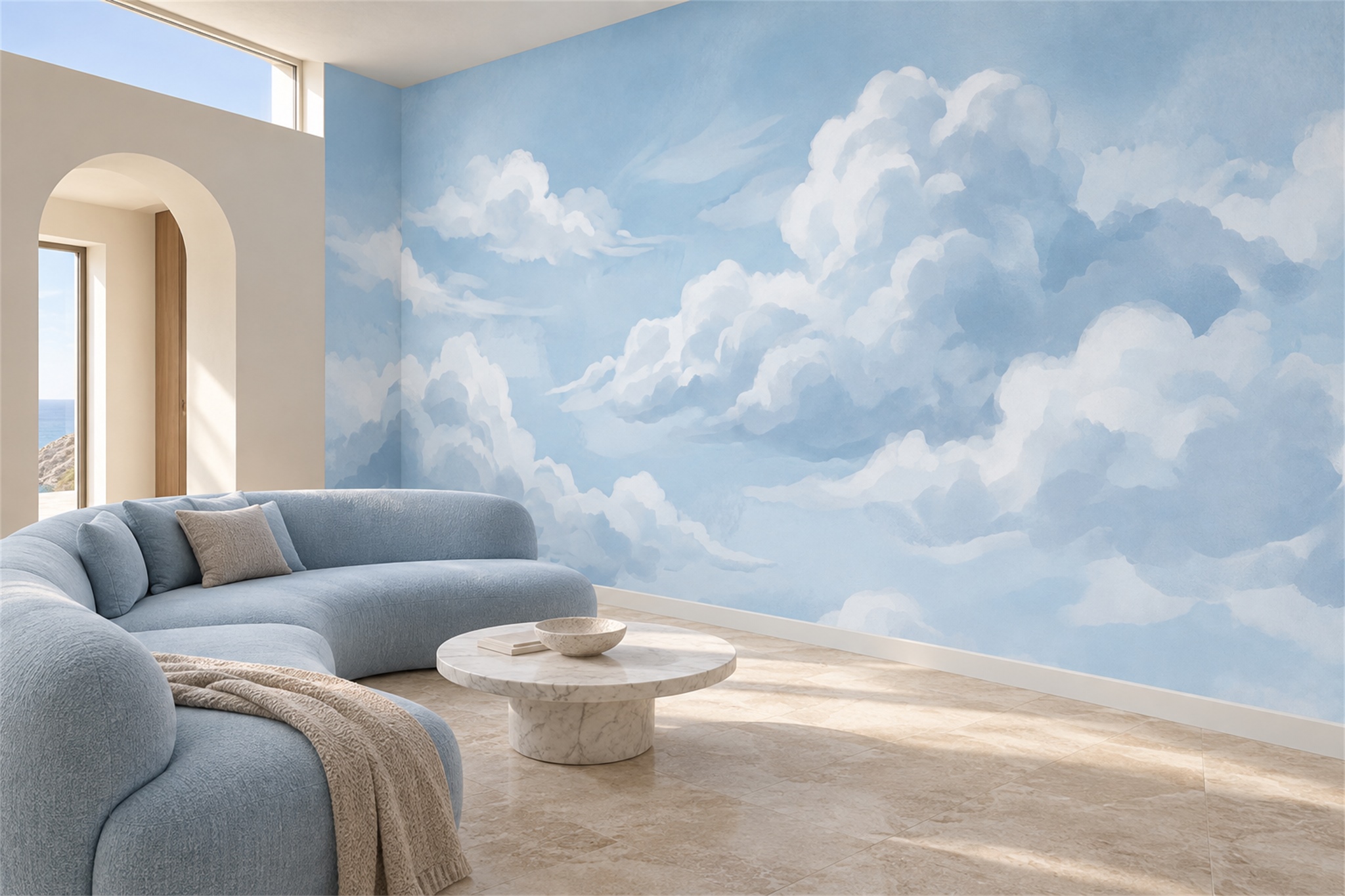 Blue Clouds Artful Atmospheric Wallpaper Mural Living-room-wallpaper-murals, Shown In A Living Room, Peel-and-stick Finish