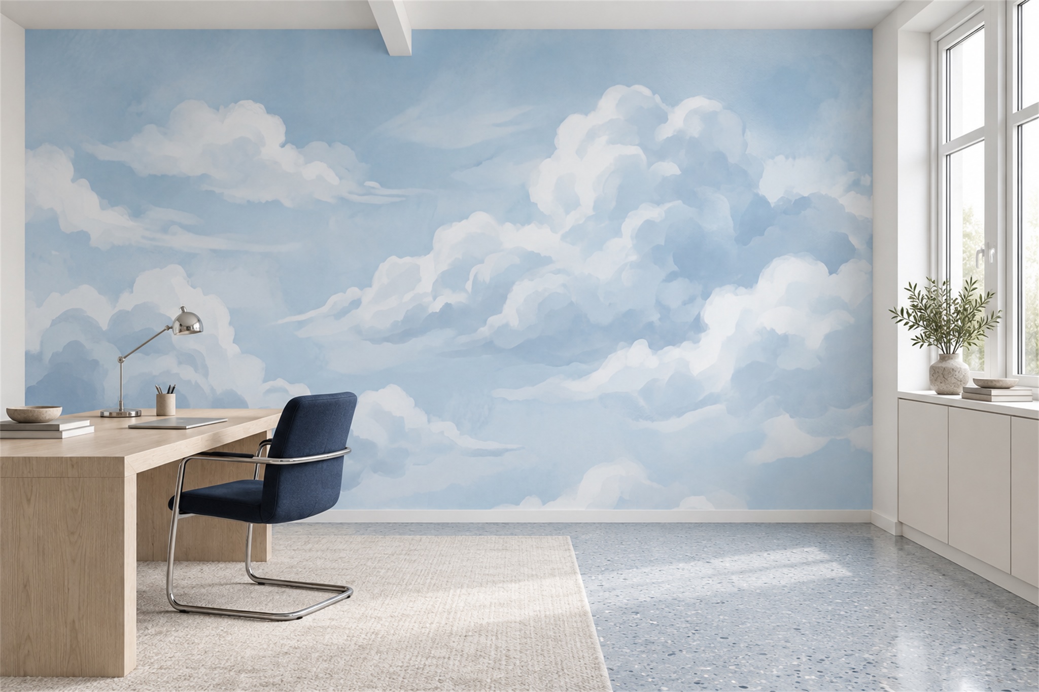 Blue Clouds Artful Atmospheric Wallpaper Mural Accent-wall-wallpaper-murals, Peel-and-stick Finish