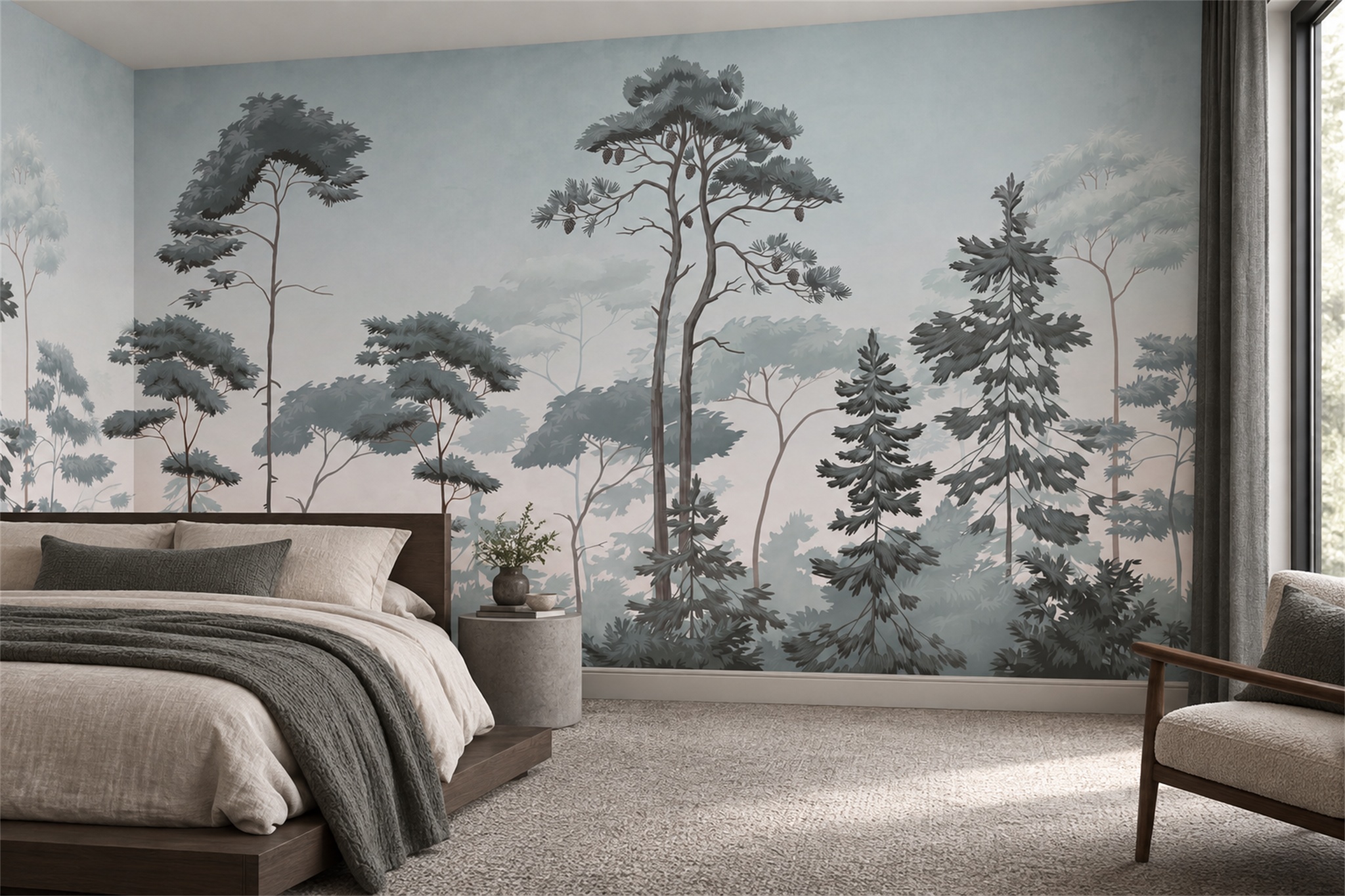 Grey Pine Forest In Soft Mist Wallpaper Mural — Installed Wallpaper Mural In A Bedroom, Peel-and-stick Finish