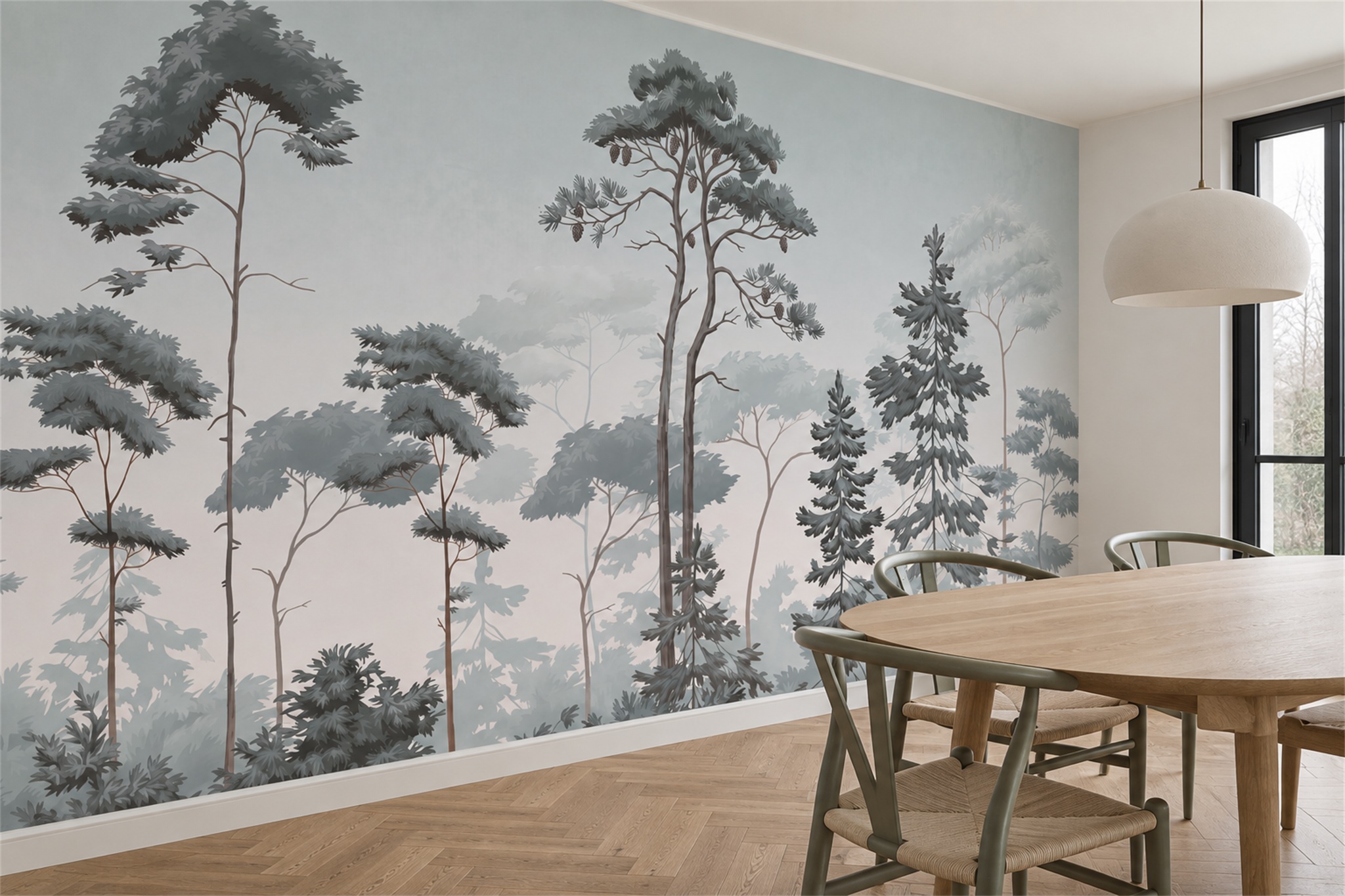 Grey Misty Artful Layered Wallpaper Mural Dining-room-wallpaper-murals, Shown In A Dining Room, Peel-and-stick Finish