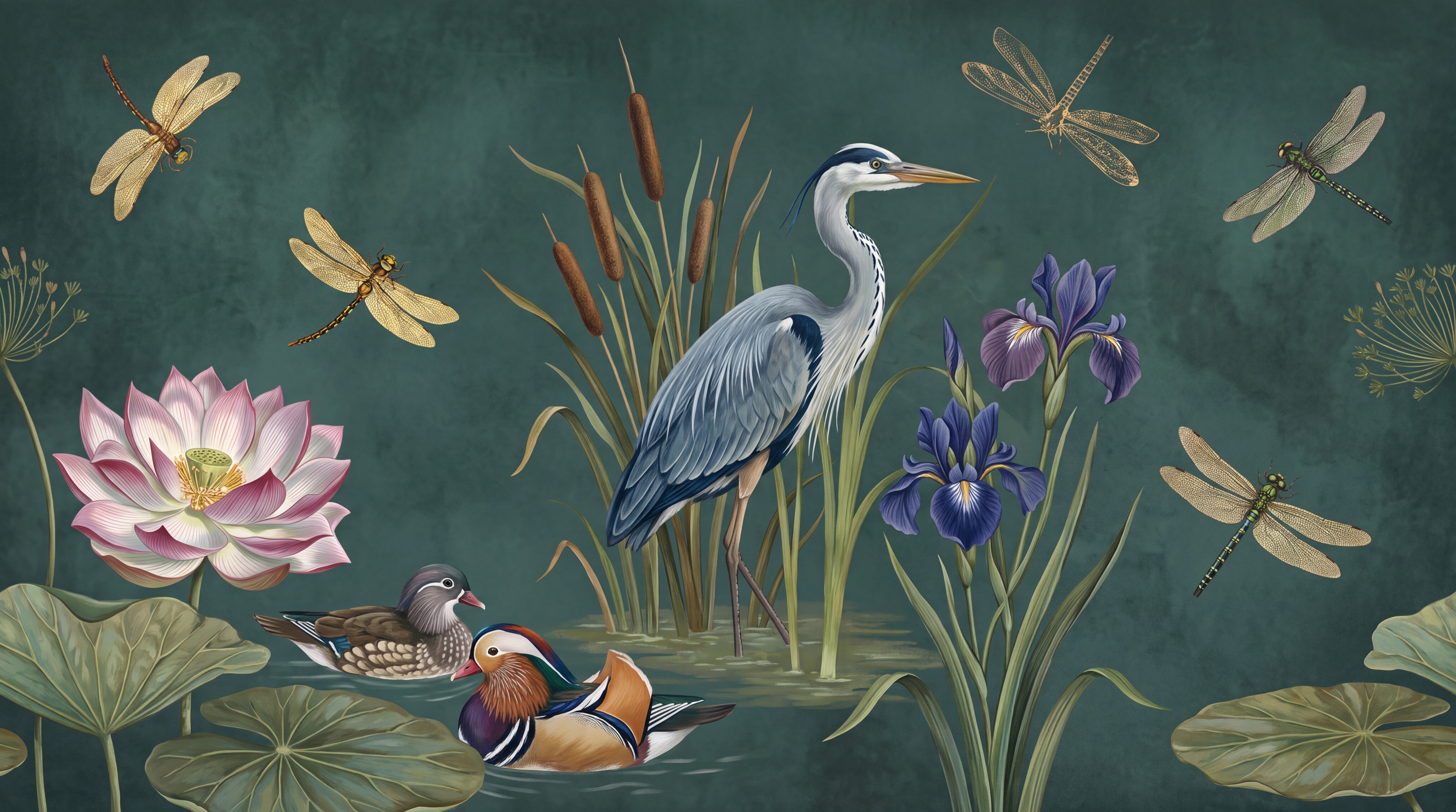 Teal Heron Illustrated Wallpaper Mural, Peel-and-stick Finish