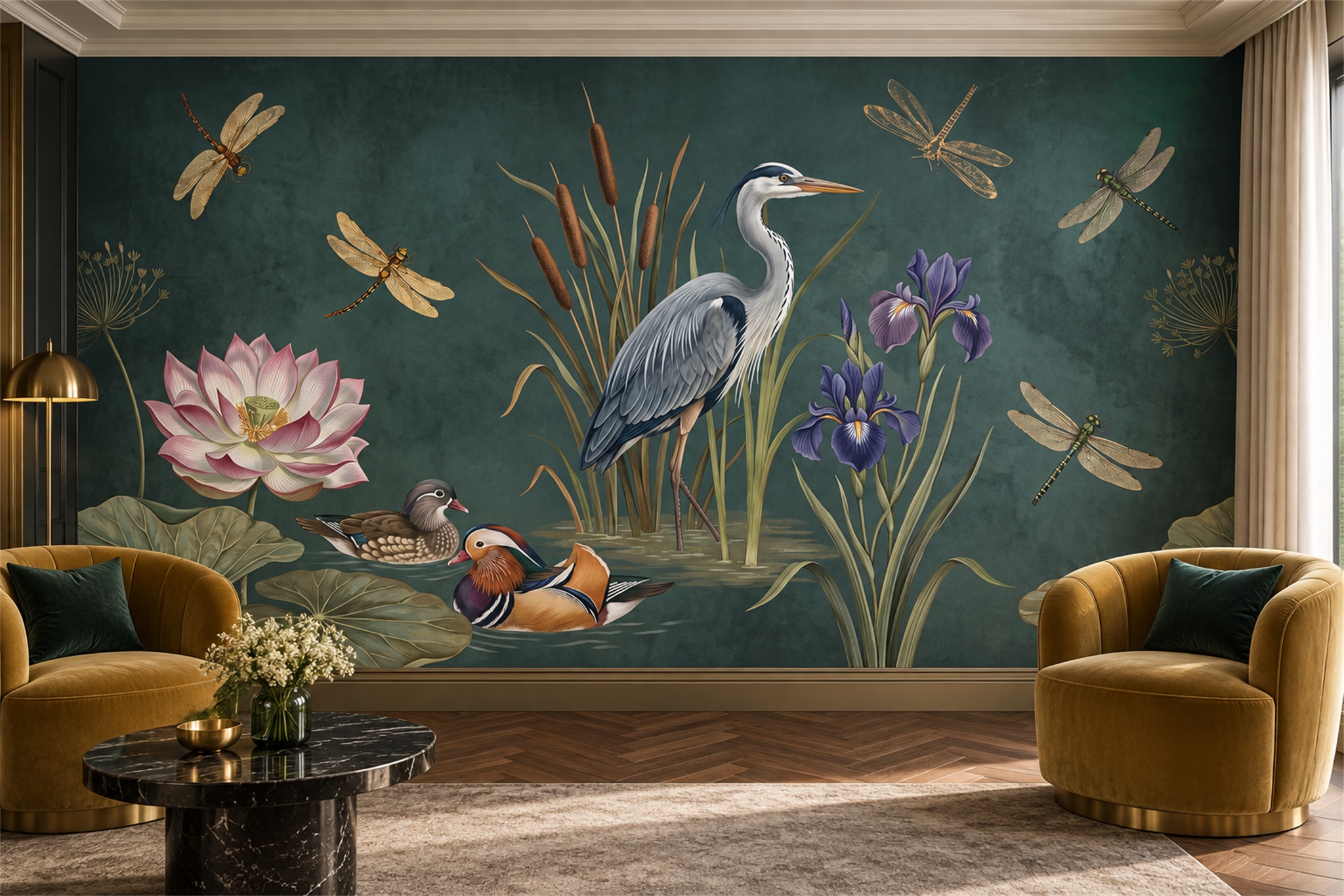 Teal Heron And Water Garden With Lotus And Ducks Wallpaper Mural — Wallpaper Mural Design, Peel-and-stick Finish