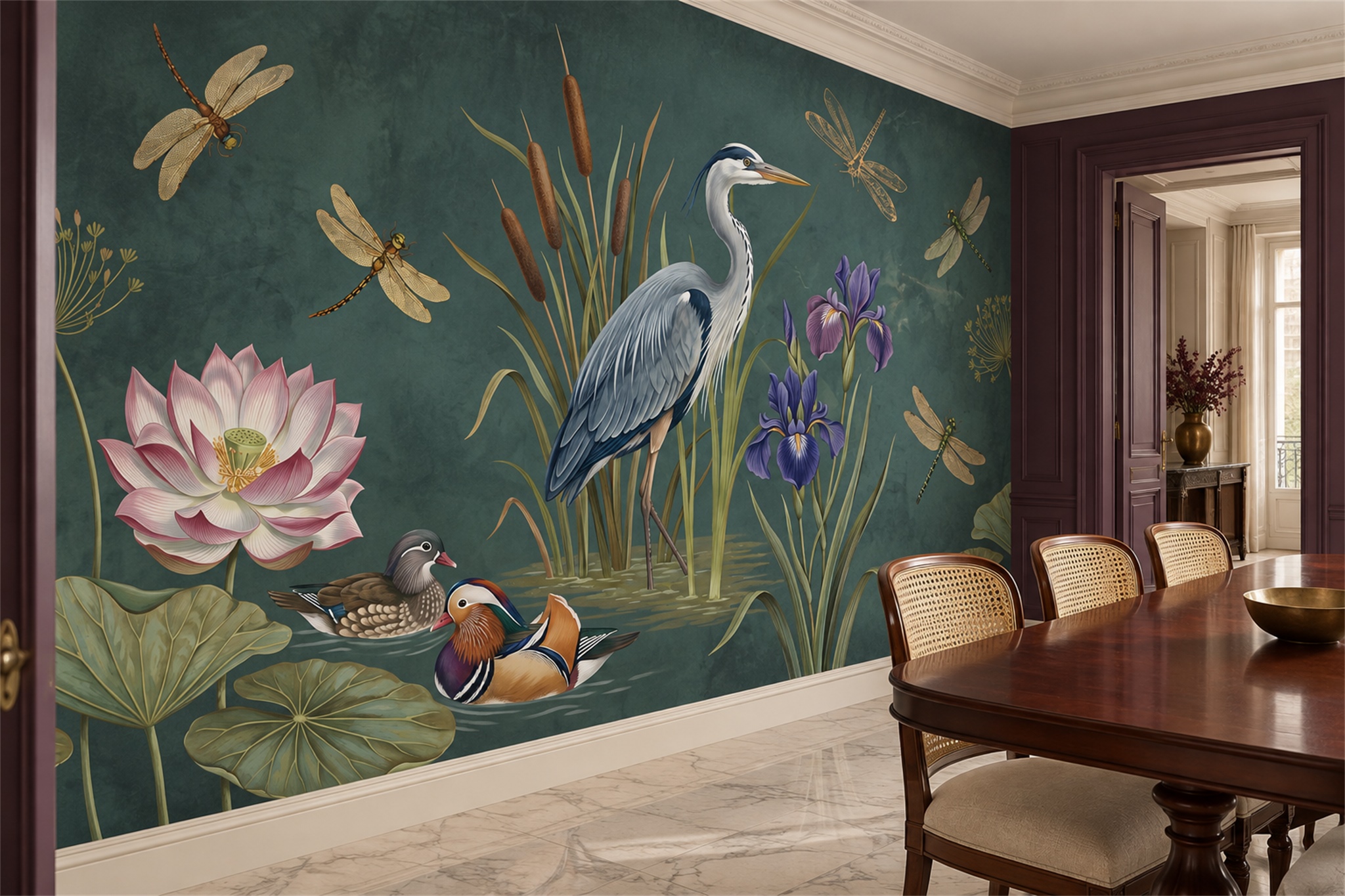 Teal Heron Illustrated Wallpaper Mural Dining-room-wallpaper-murals, Peel-and-stick Finish