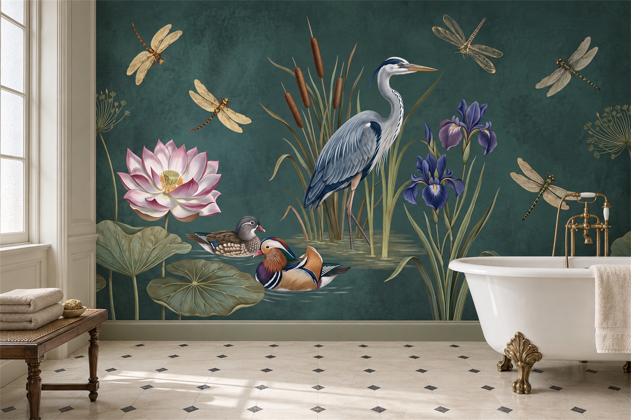 Teal Heron Illustrated Wallpaper Mural Living-room-wallpaper-murals, Peel-and-stick Finish