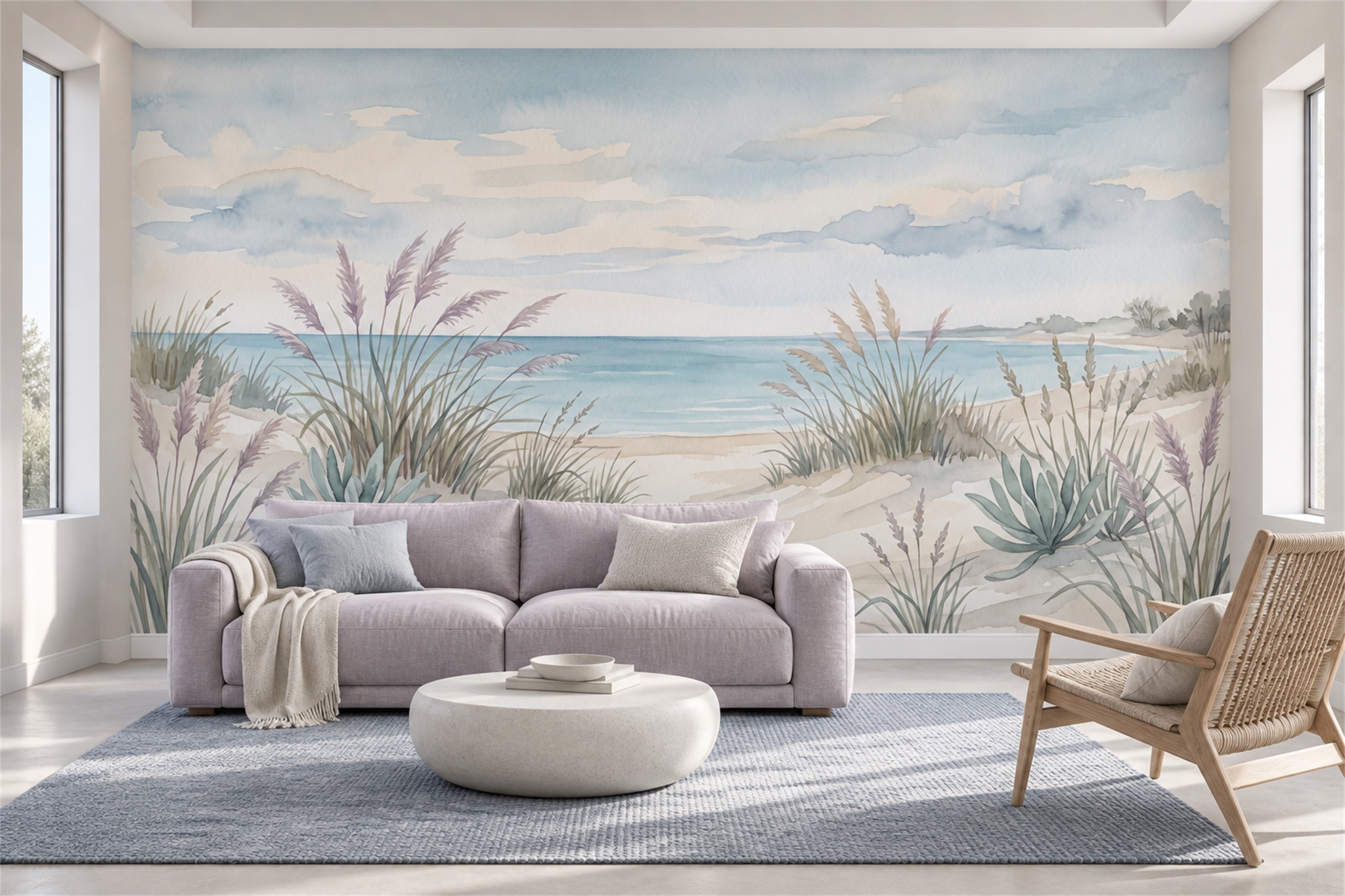 Aqua Coastal Scenic Wallpaper Mural Living-room-wallpaper-murals, Shown In A Living Room, Peel-and-stick Finish